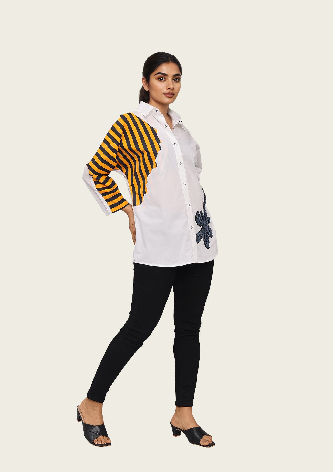 White and Stripe Combo Cotton Shirt with Embroidery