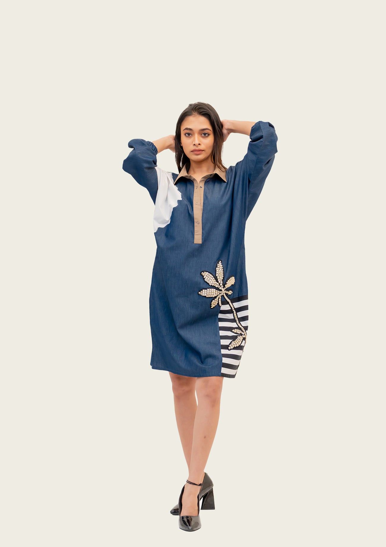 Blue Denim Combo Cotton Dress with Embroidery