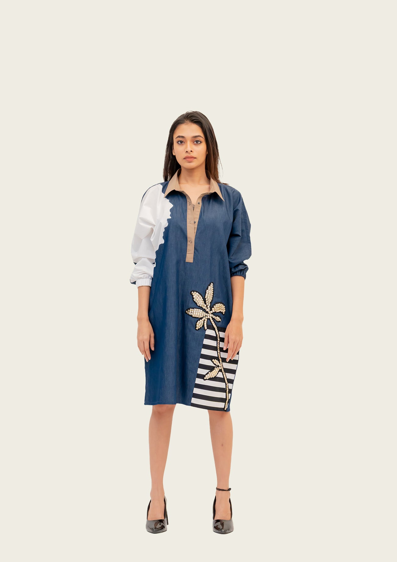 Blue Denim Combo Cotton Dress with Embroidery