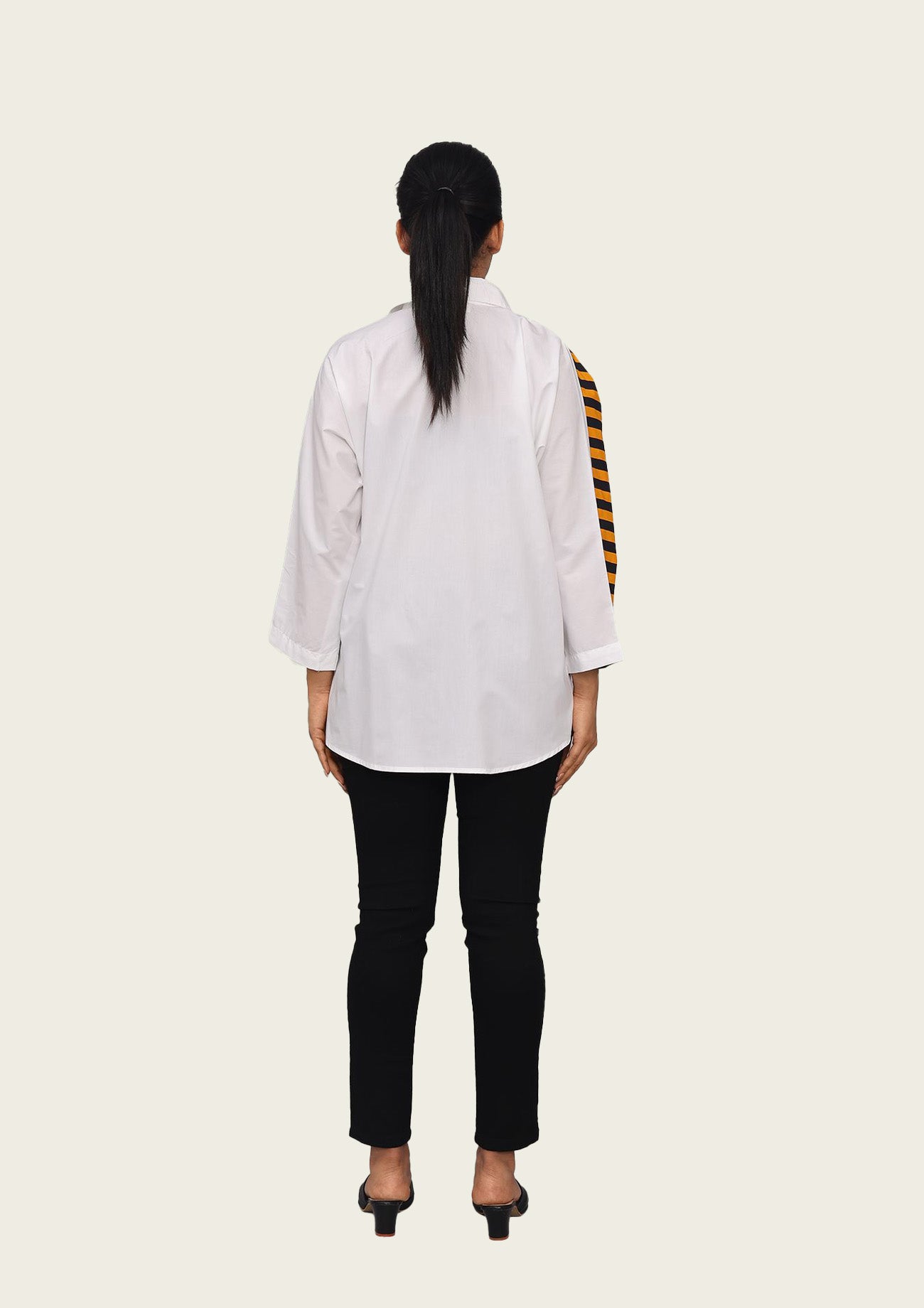 White and Stripe Combo Cotton Shirt with Embroidery
