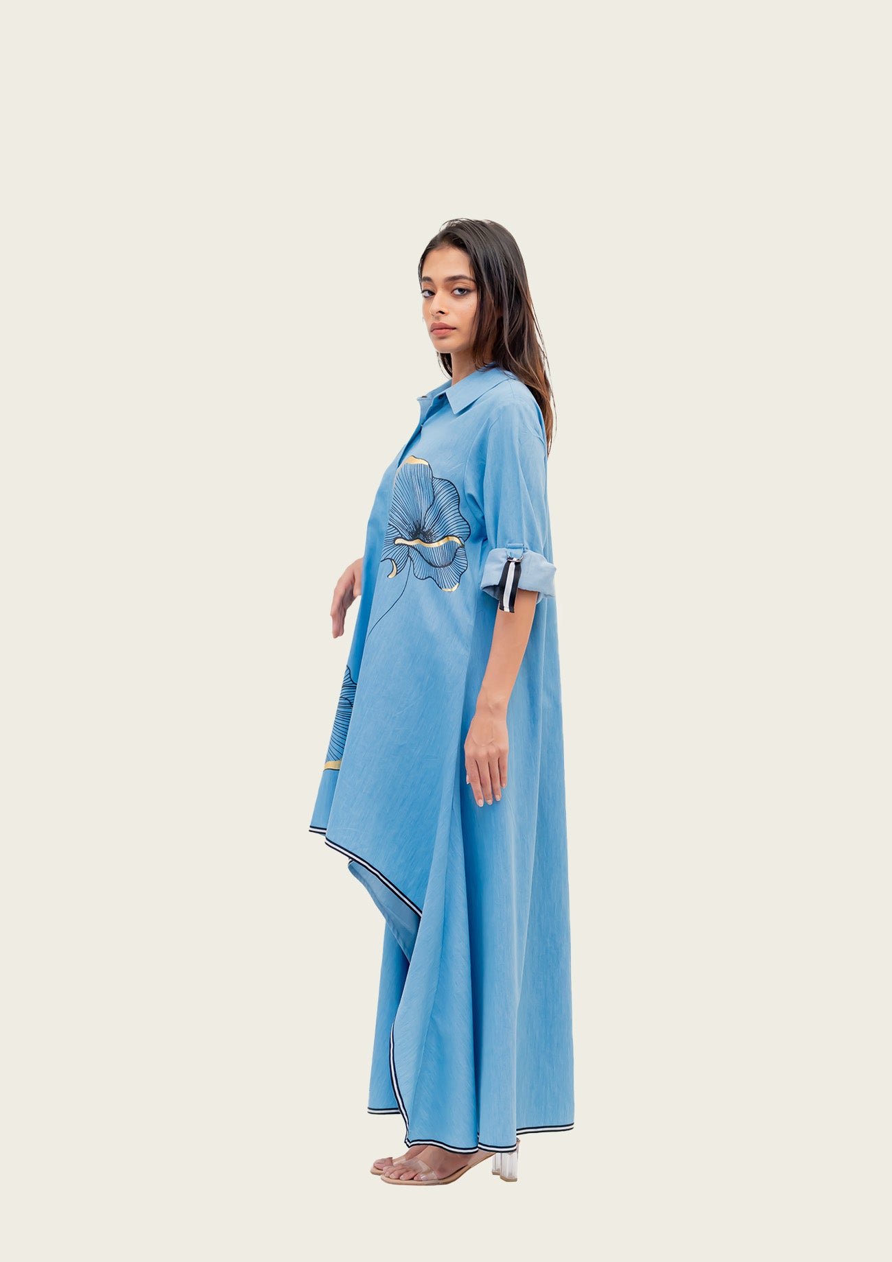 Blue Cotton Denim Tunic and Pants Co-ord set with Print