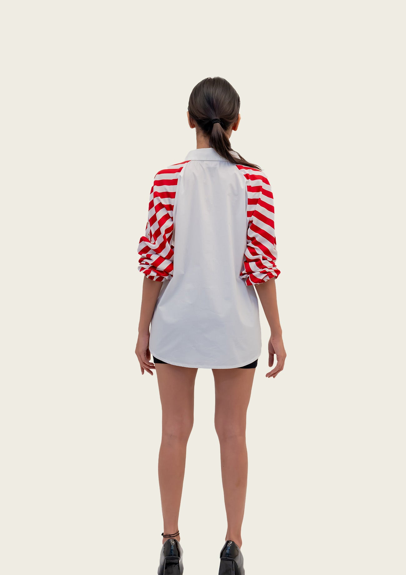White Cotton Shirt with Contrast Sleeves and Embroidery