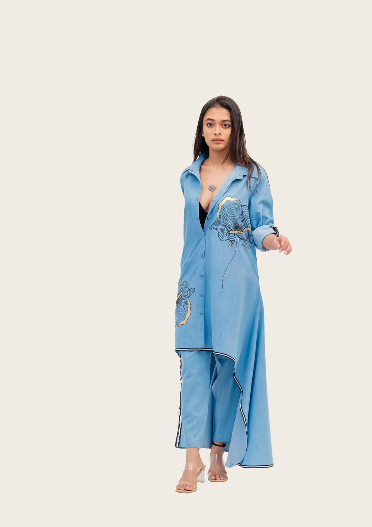 Blue Cotton Denim Tunic and Pants Co-ord set with Print