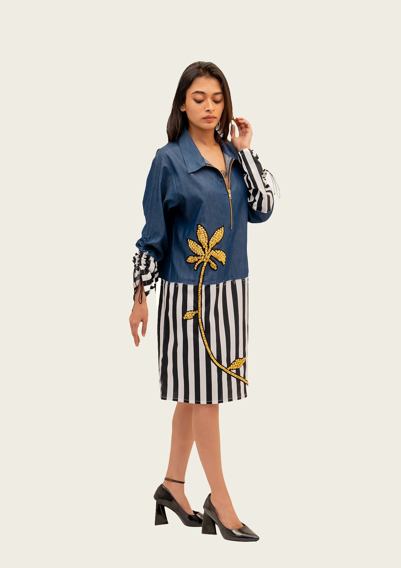 Denim and Stripe Combo Cotton Dress with Embroidery