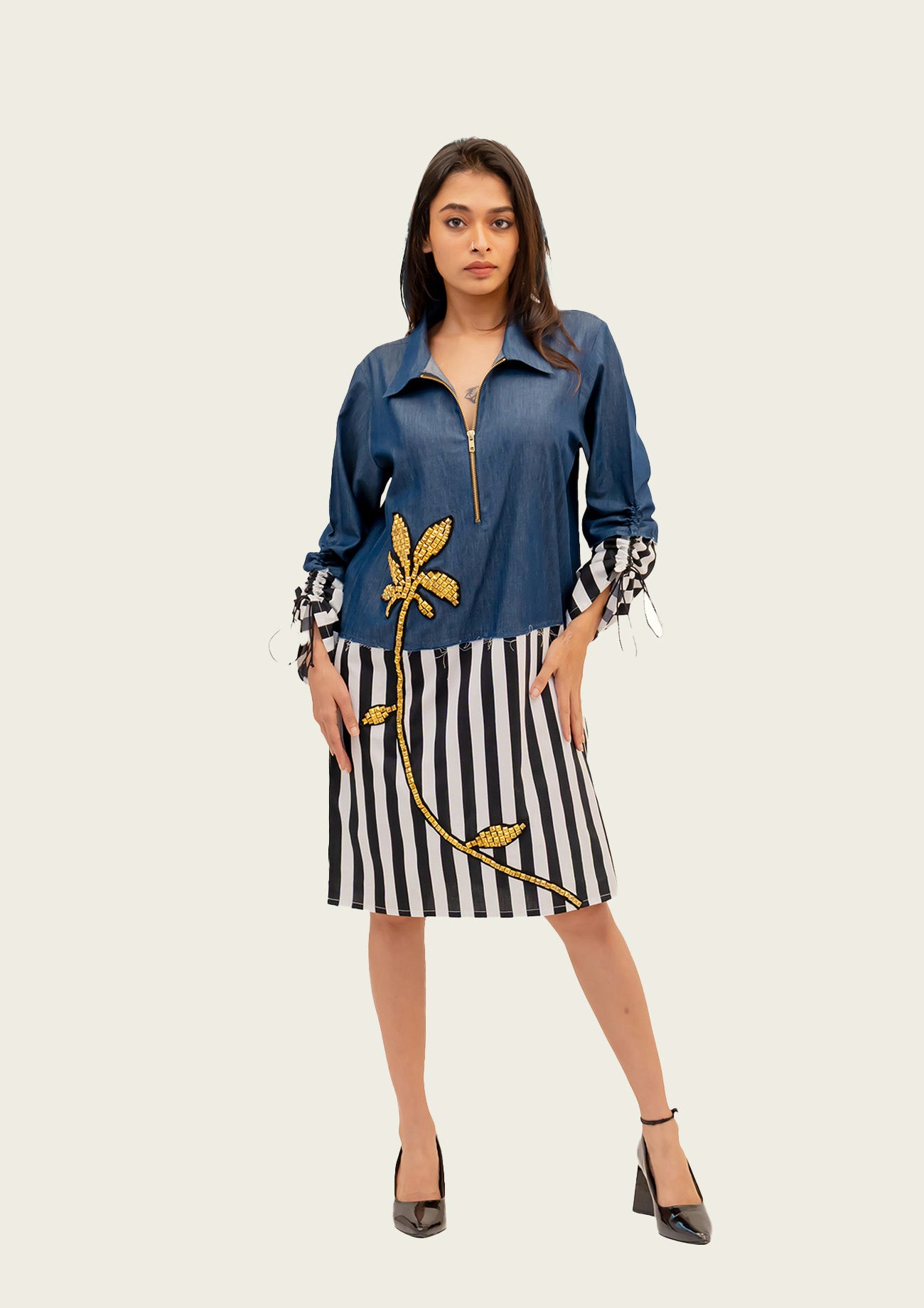 Denim and Stripe Combo Cotton Dress with Embroidery
