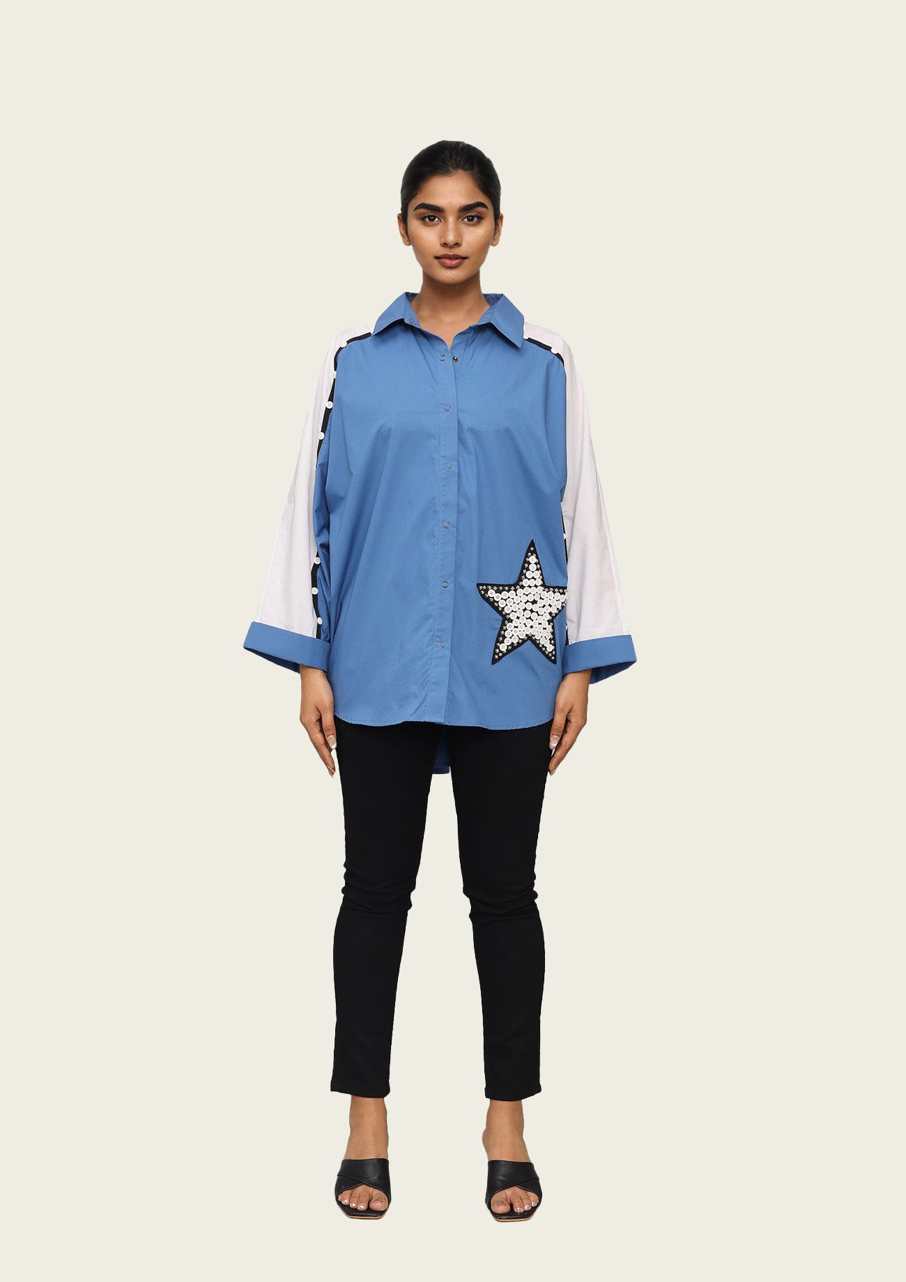 Blue Cotton Poncho Shirt with Embroidery