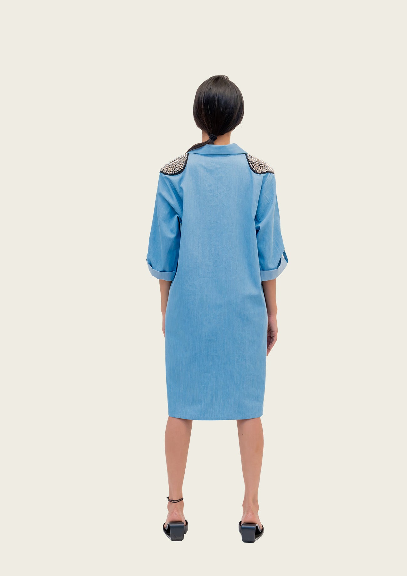 Blue Cotton Denim Dress with Embroidery