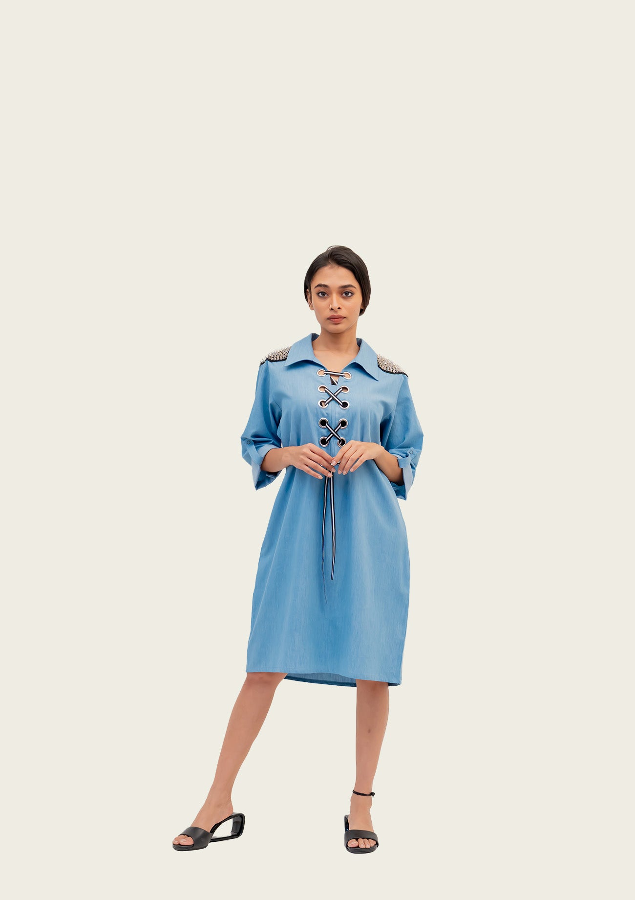 Blue Cotton Denim Dress with Embroidery