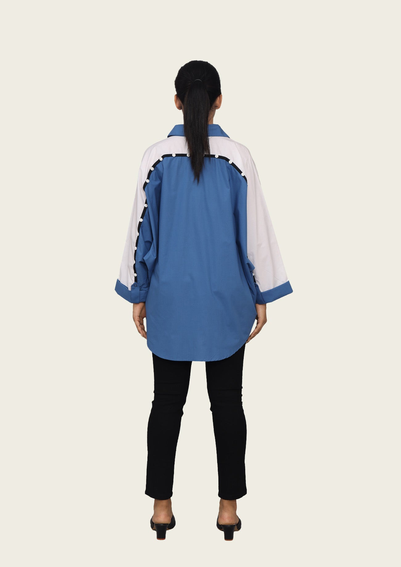 Blue Cotton Poncho Shirt with Embroidery