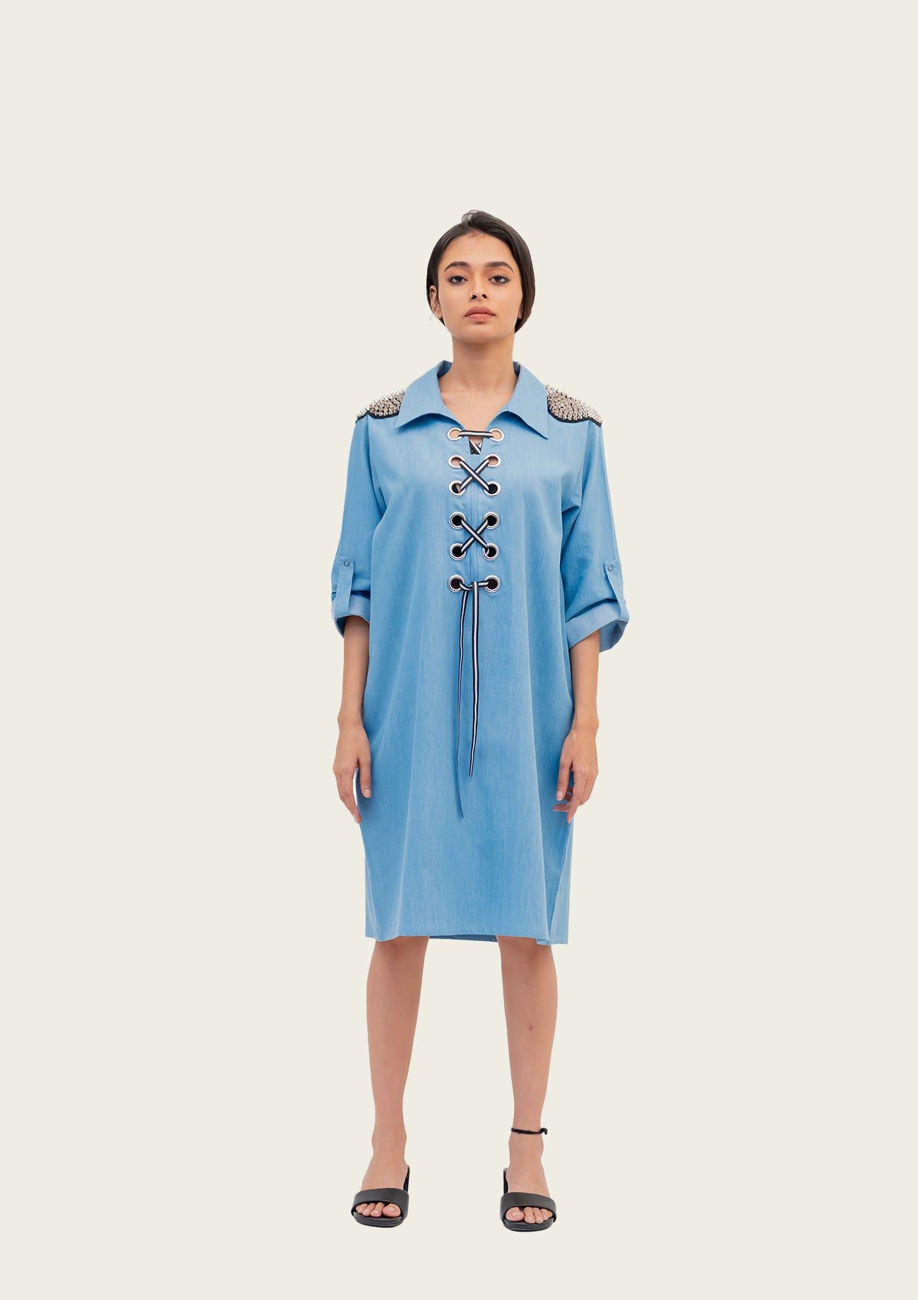 Blue Cotton Denim Dress with Embroidery