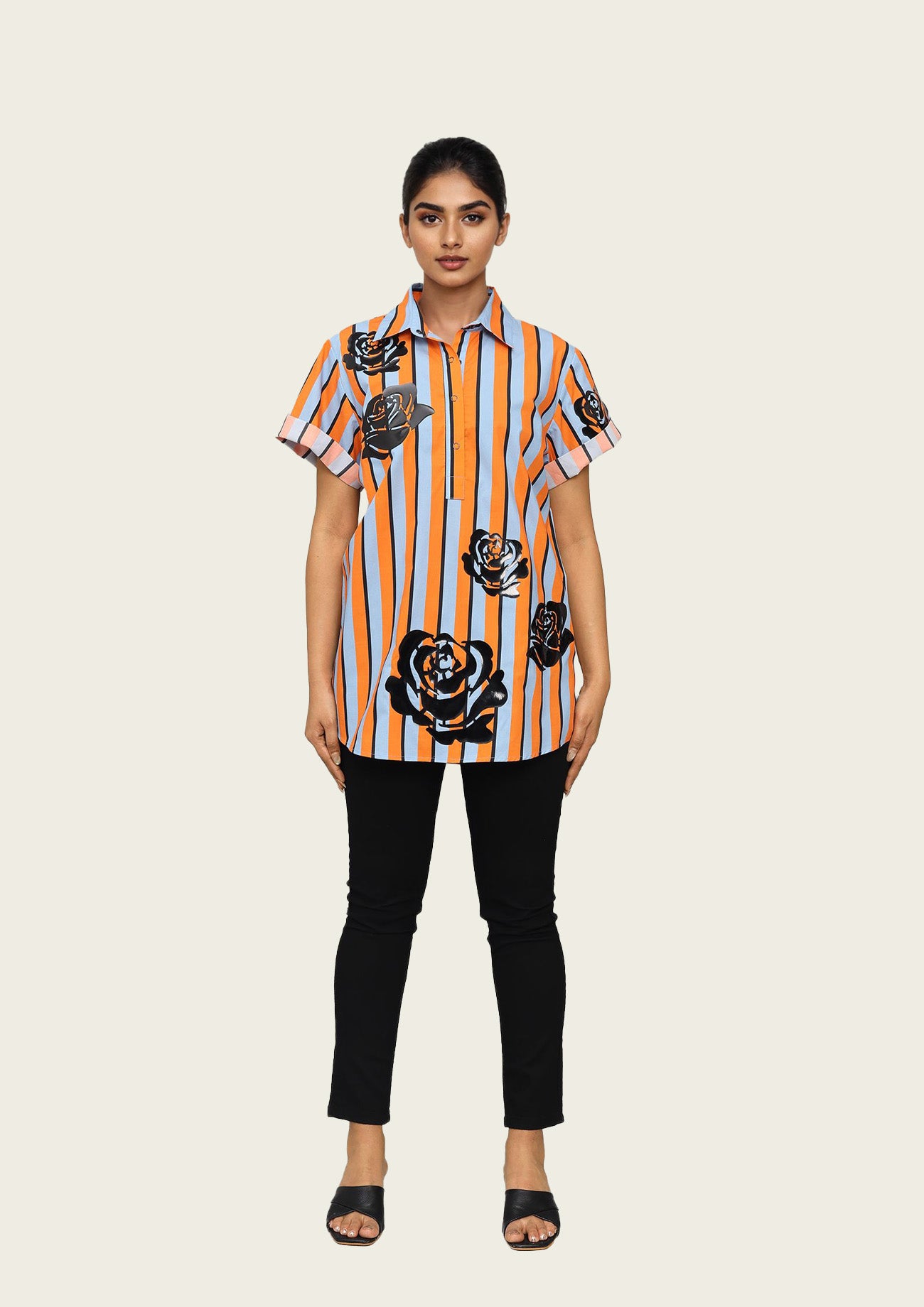 Orange and Blue Strip Cotton Shirt with Applique