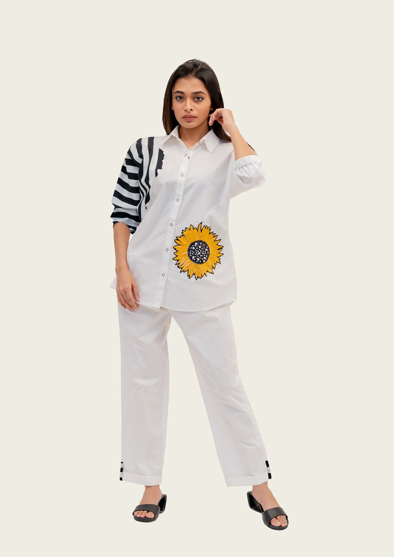 White Cotton Shirt and Pants Co-ord Set with Embroidery