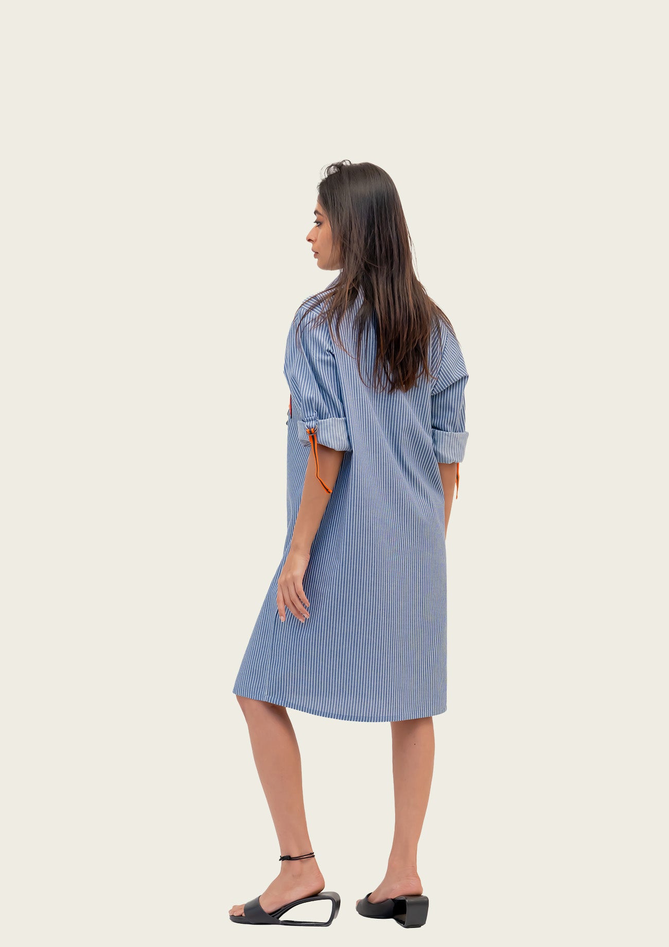 Blue and White Stripe Cotton Dress with Embroidery