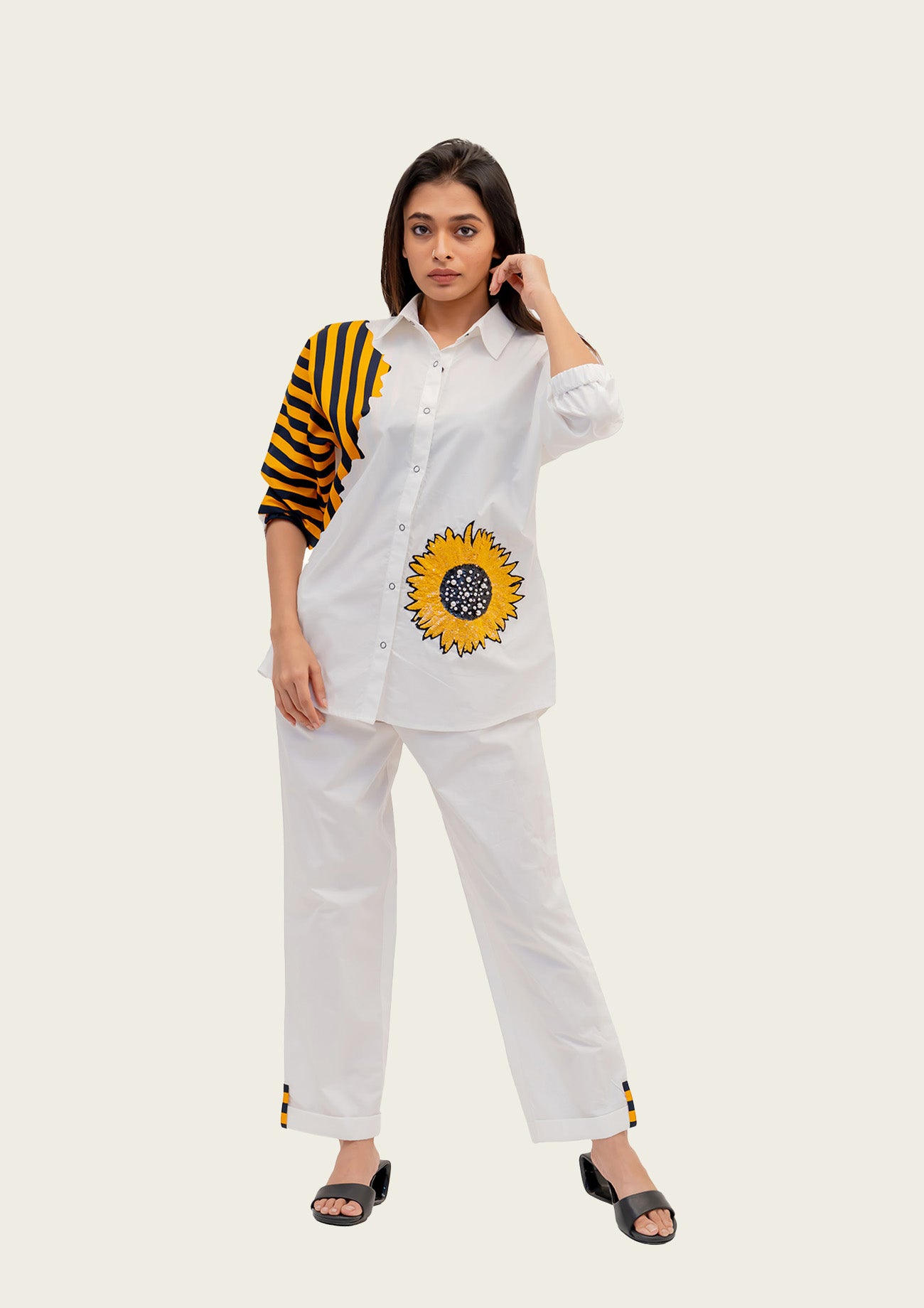 White Cotton Shirt and Pants Co-ord Set with Embroidery