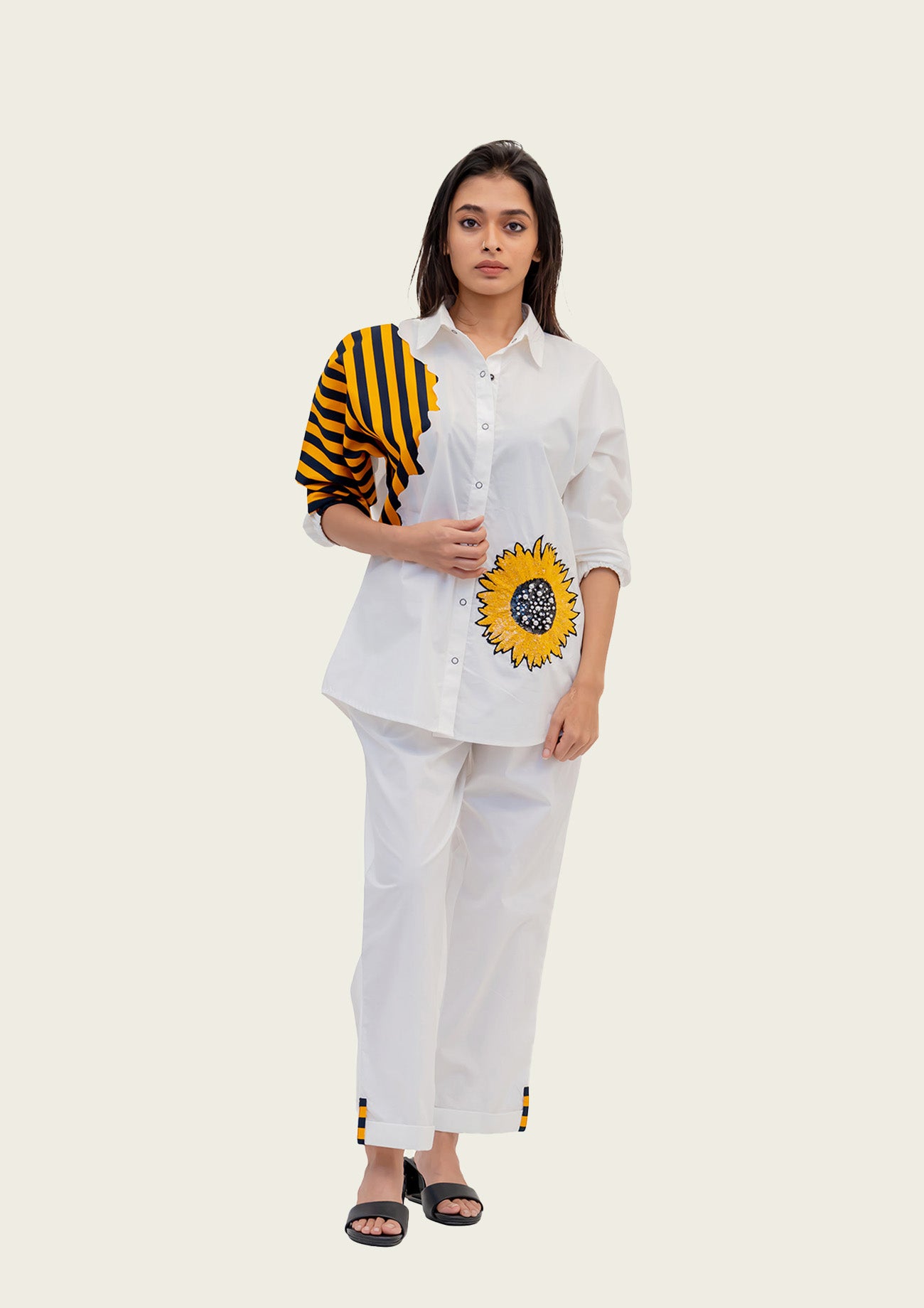 White Cotton Shirt and Pants Co-ord Set with Embroidery