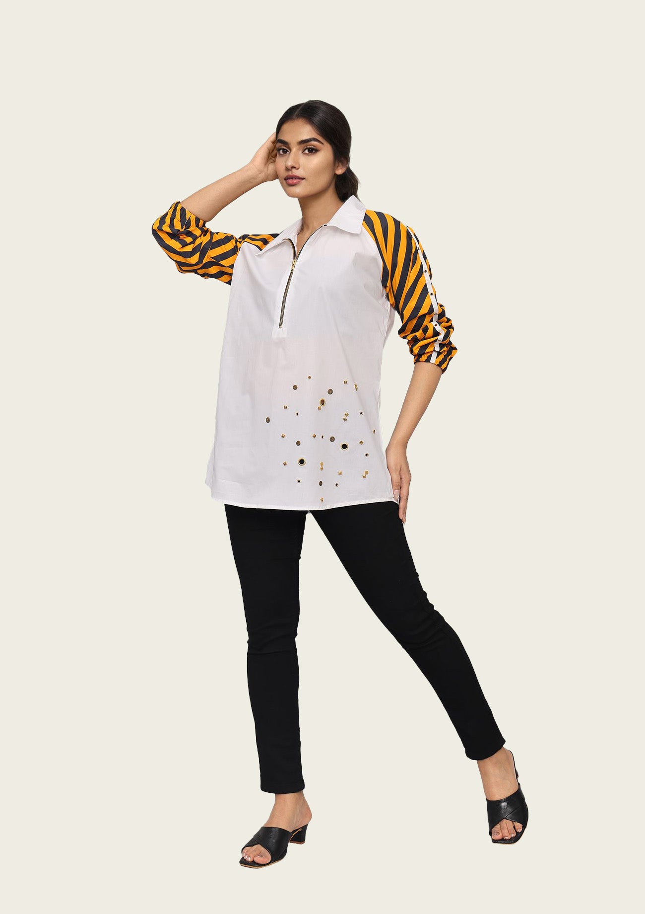 White Cotton Shirt with Contrast Sleeves and Embroidery