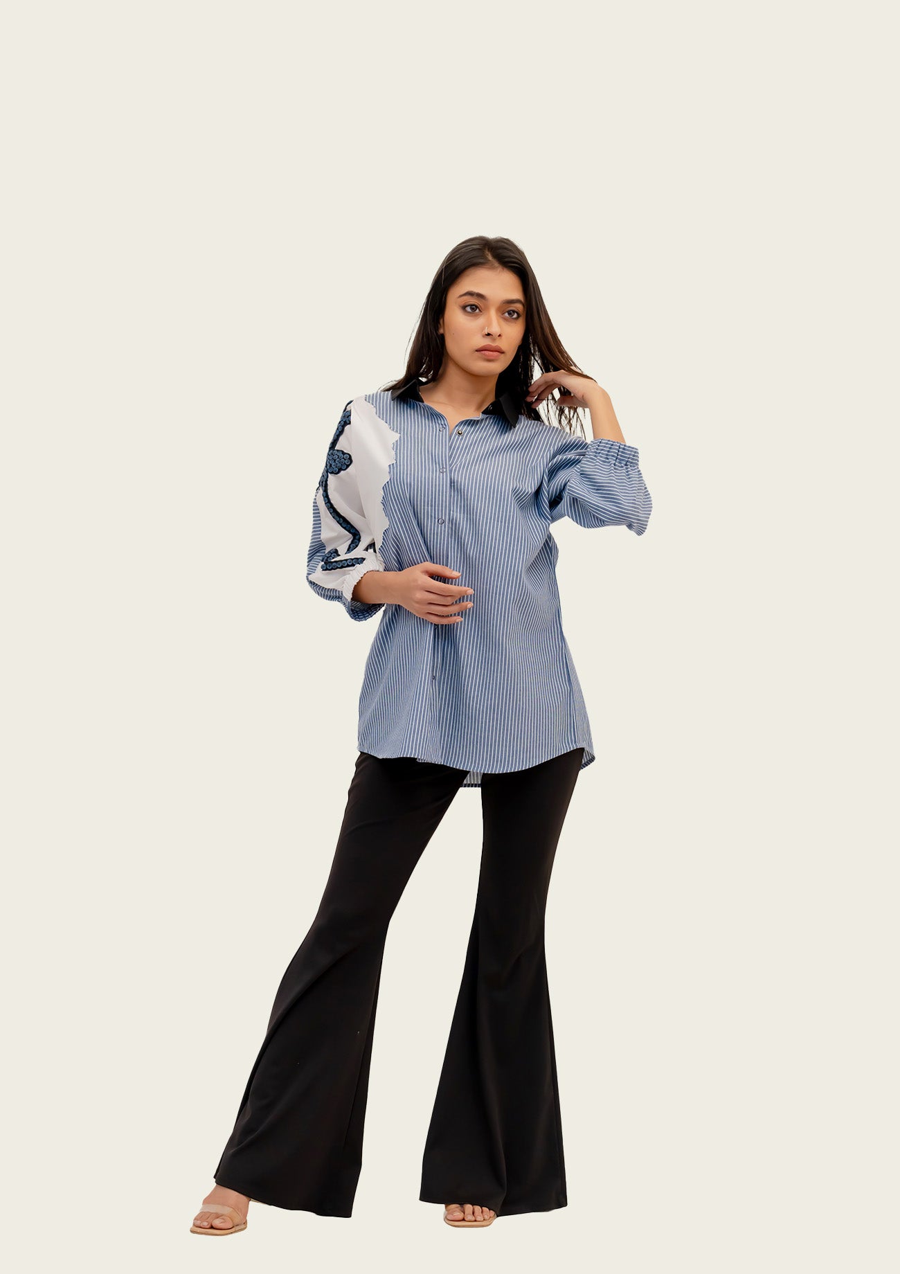 Blue Stripe and White Cotton Shirt with Embroidery