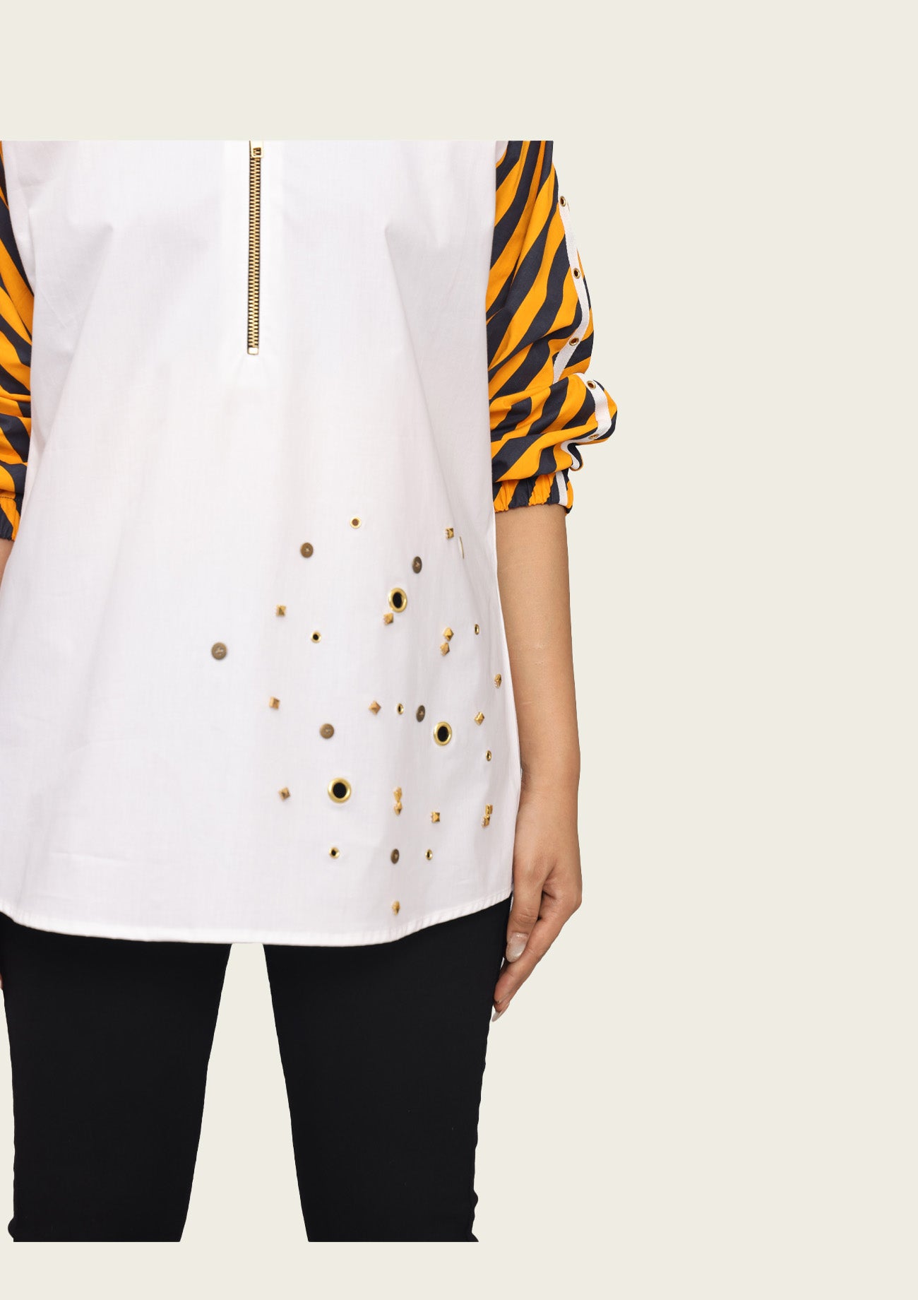 White Cotton Shirt with Contrast Sleeves and Embroidery