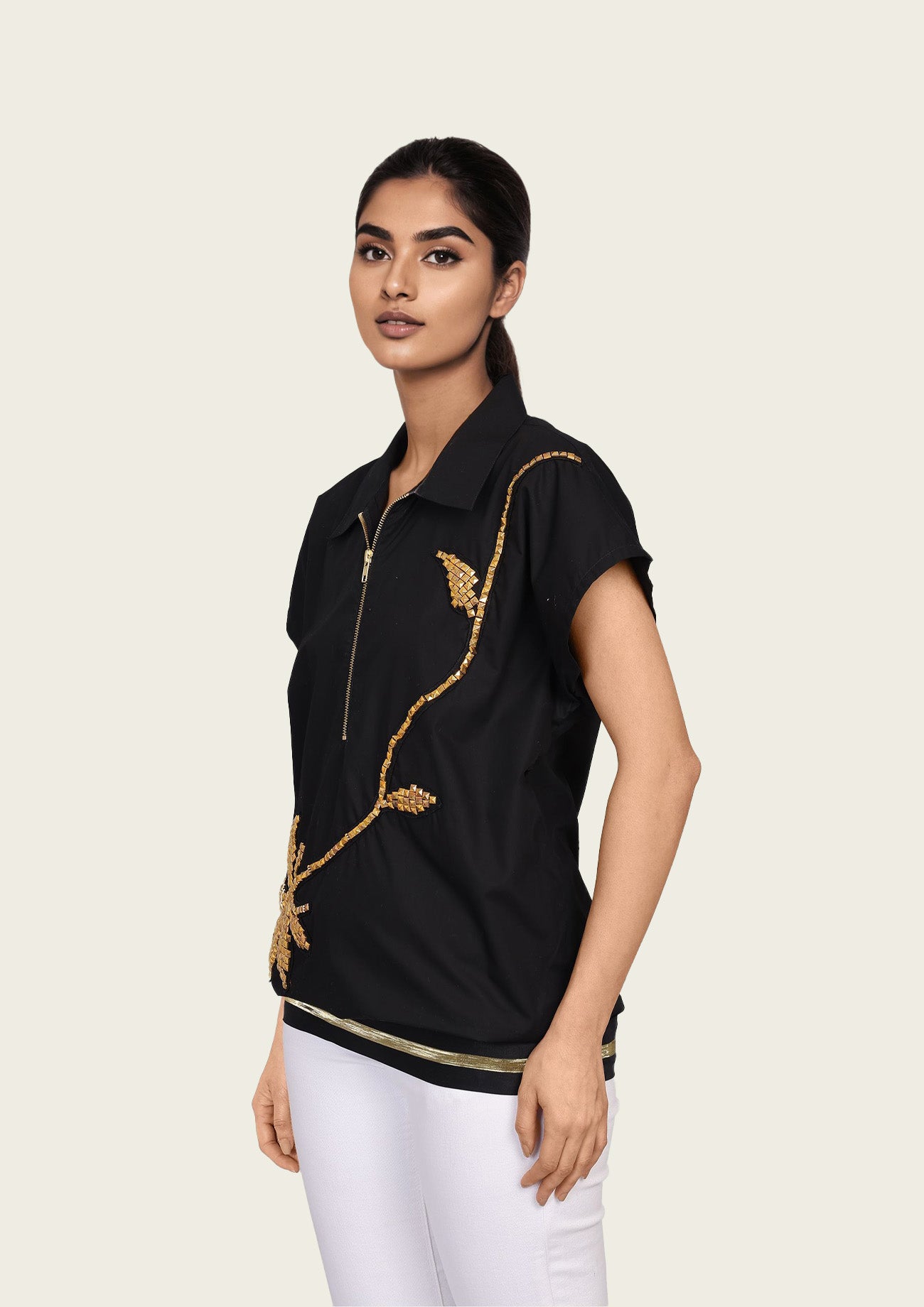 Black Cotton Bomber Shirt with Embroidery