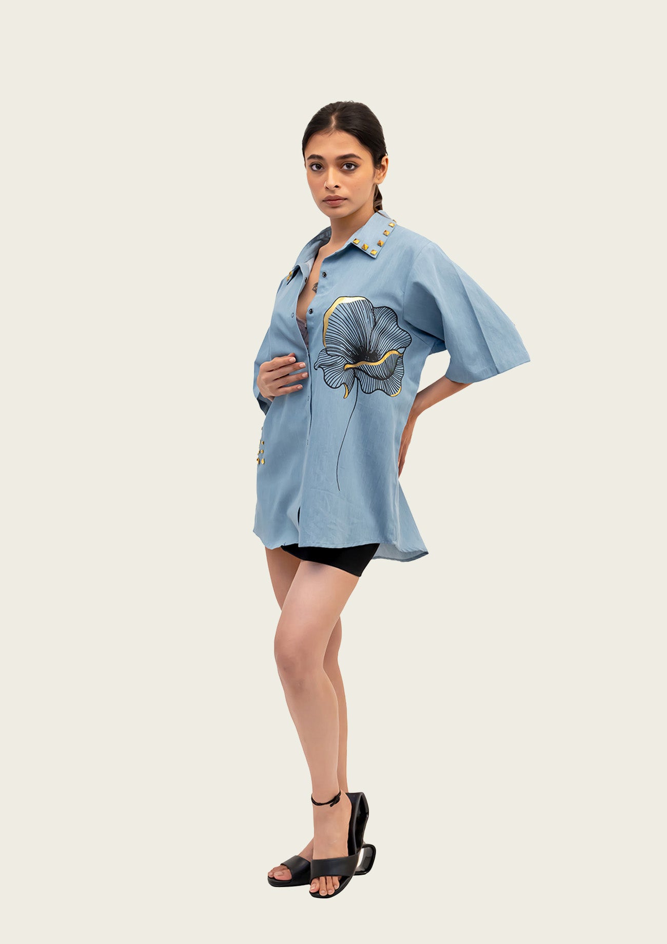 Blue Cotton Denim Shirt with Foil Print and Studs