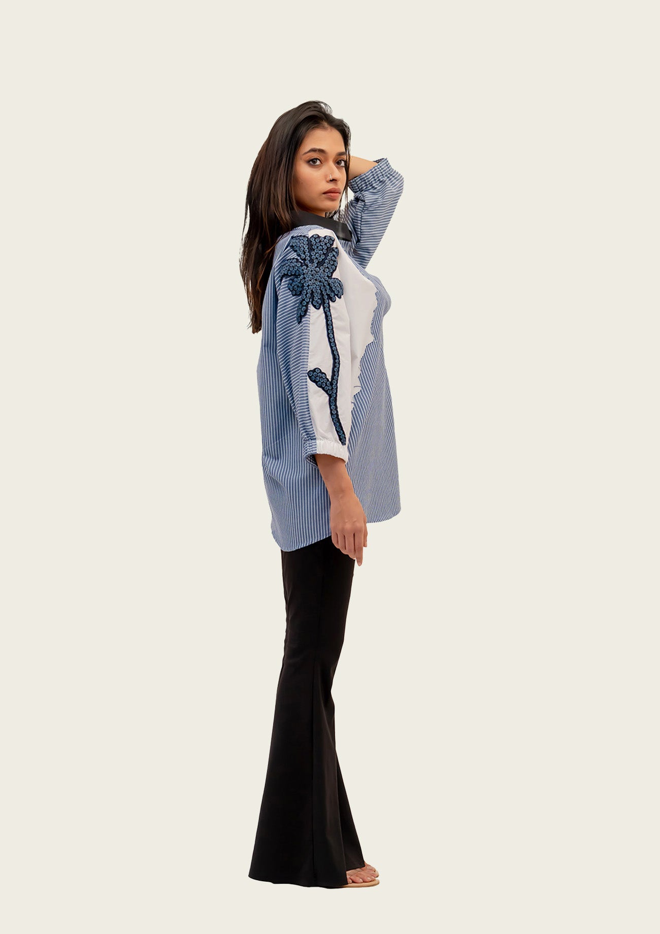 Blue Stripe and White Cotton Shirt with Embroidery