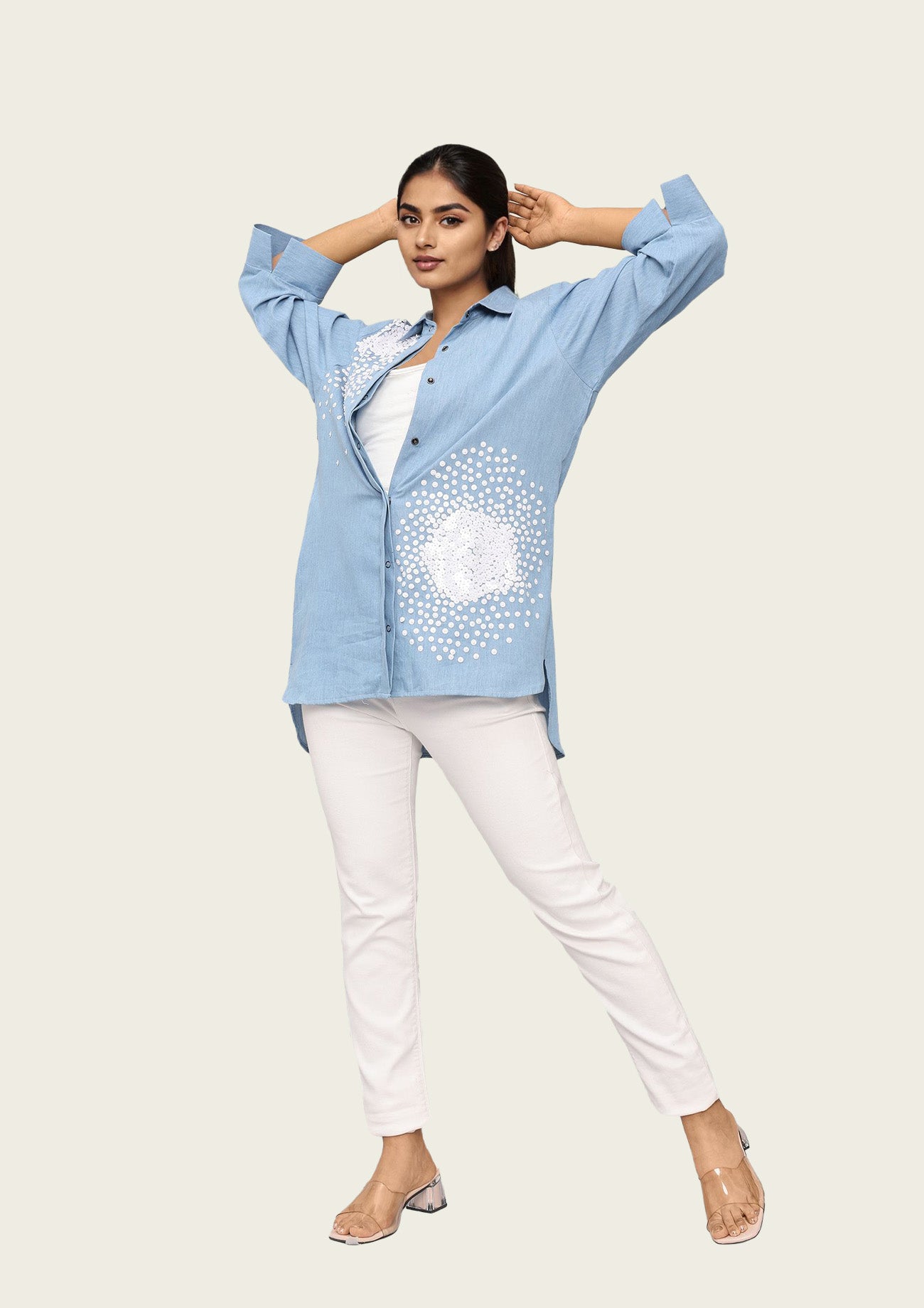 Blue Cotton Denim High Low Shirt with Embroidery