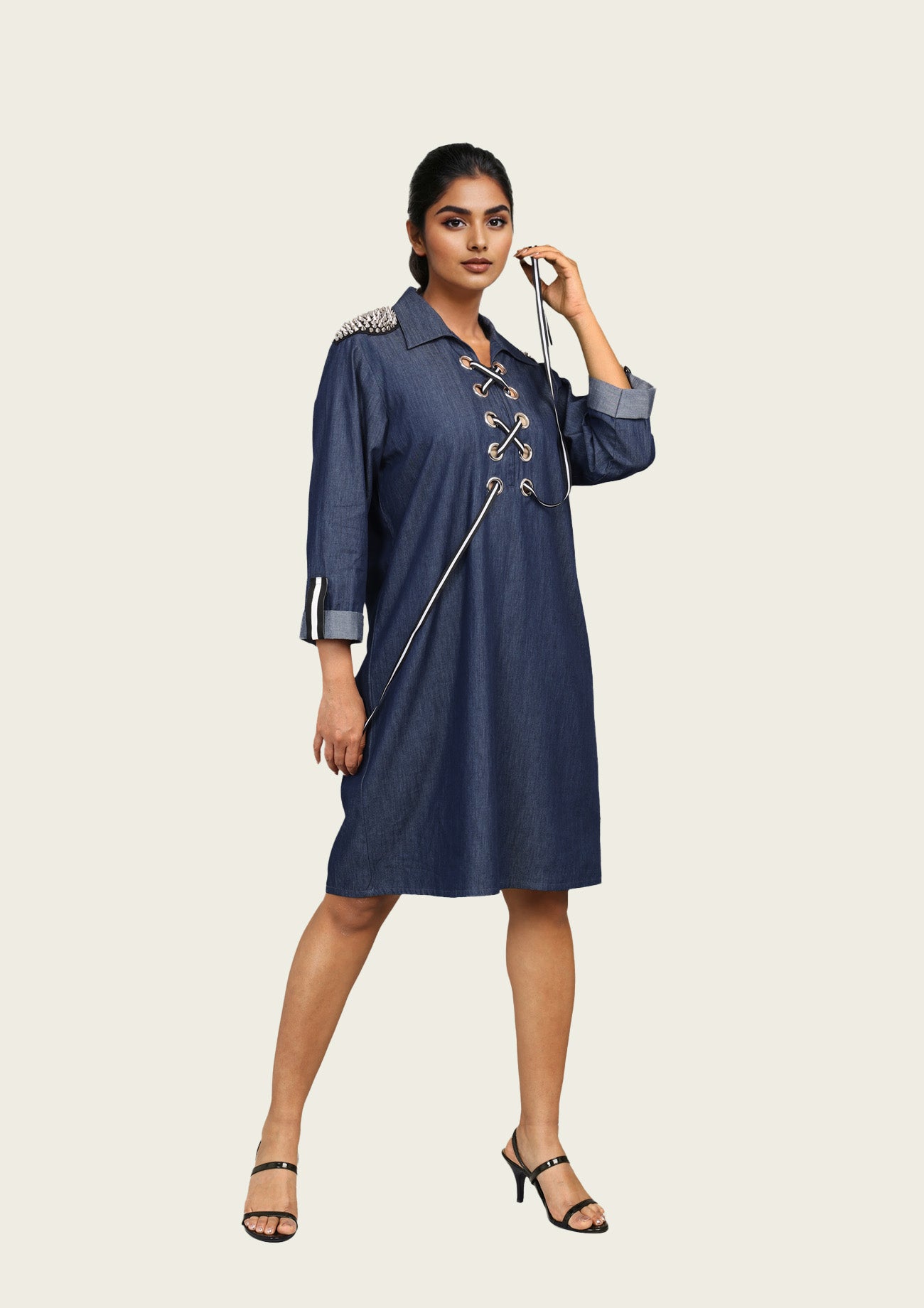 Denim Cotton Dress with Embroidery