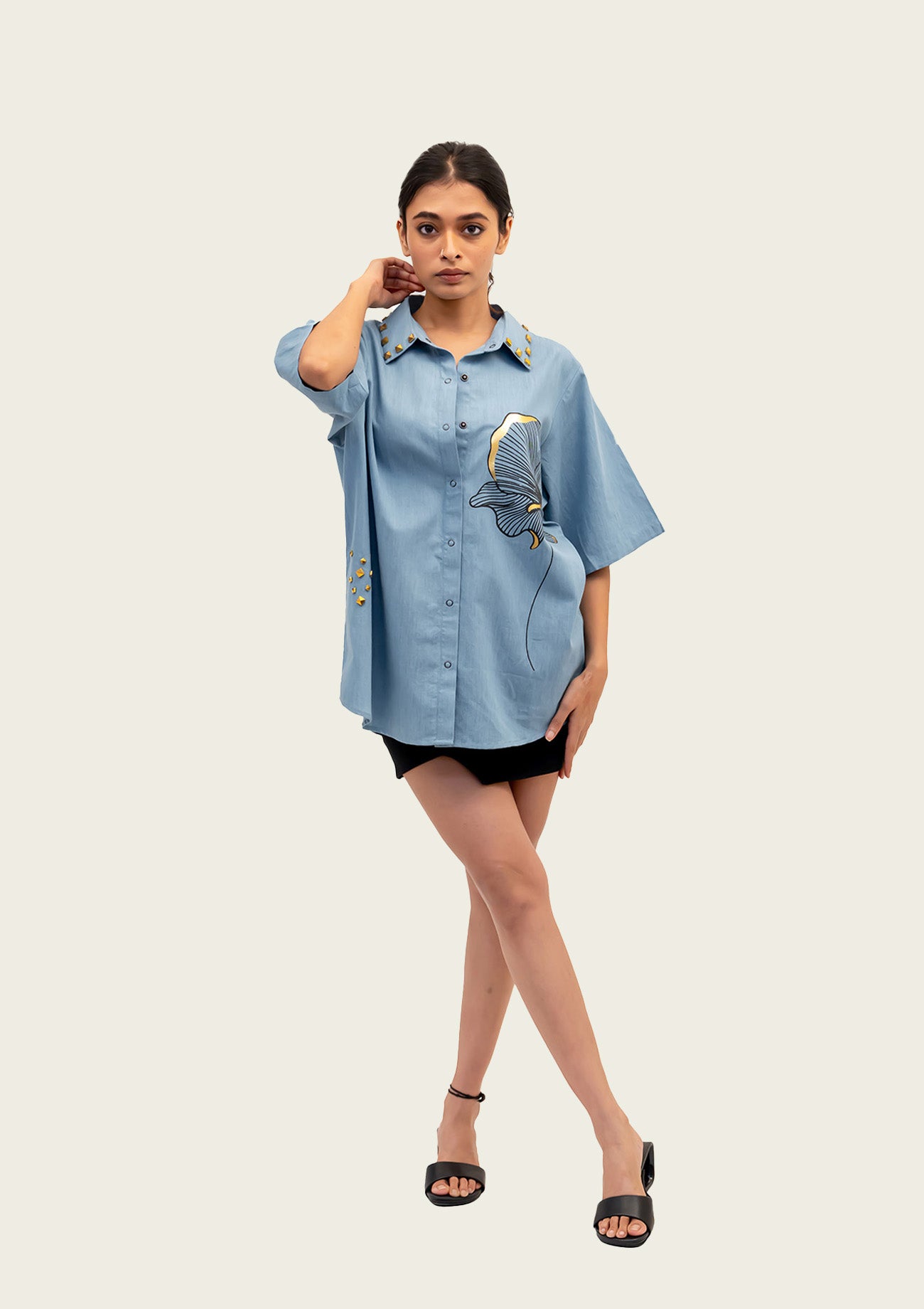 Blue Cotton Denim Shirt with Foil Print and Studs