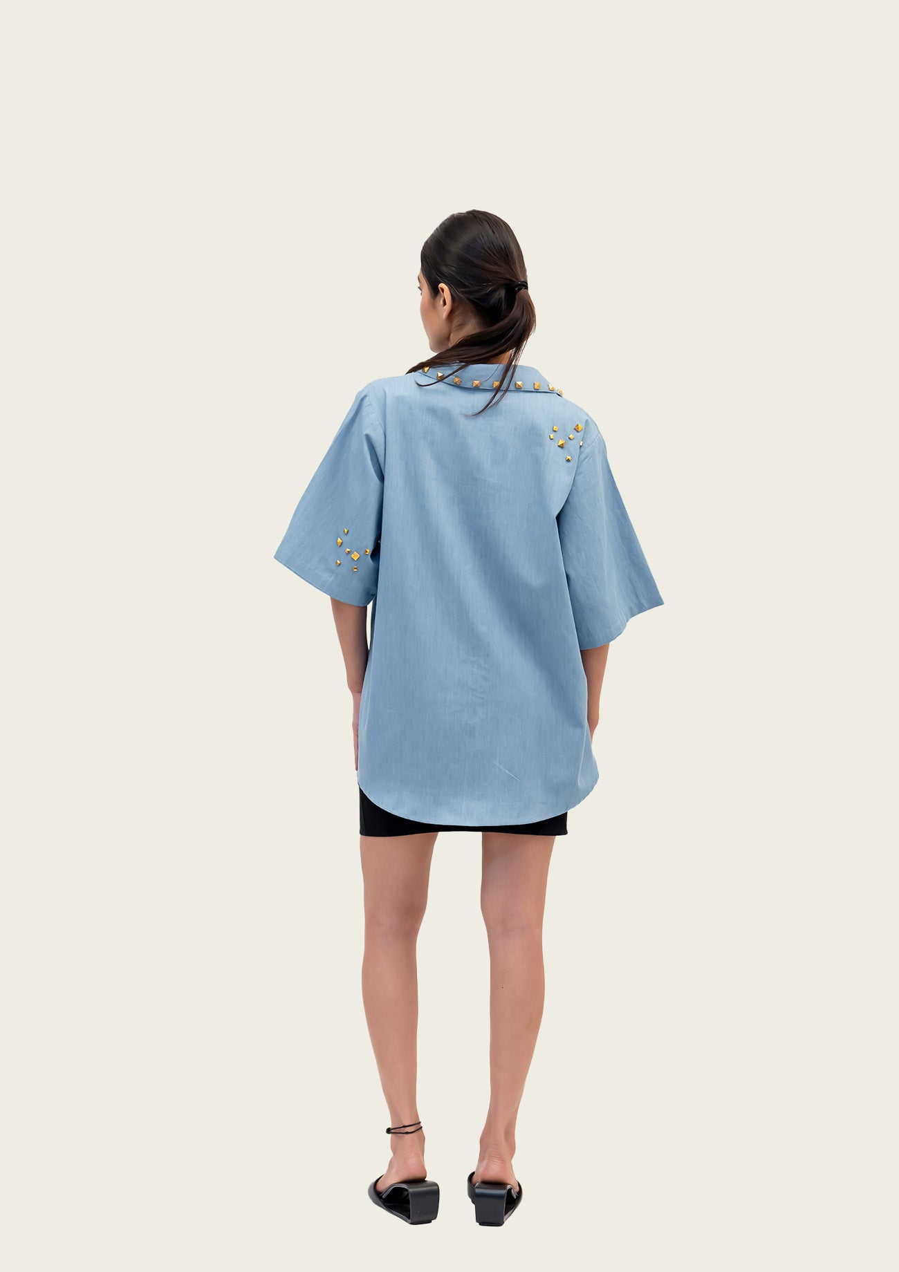 Blue Cotton Denim Shirt with Foil Print and Studs