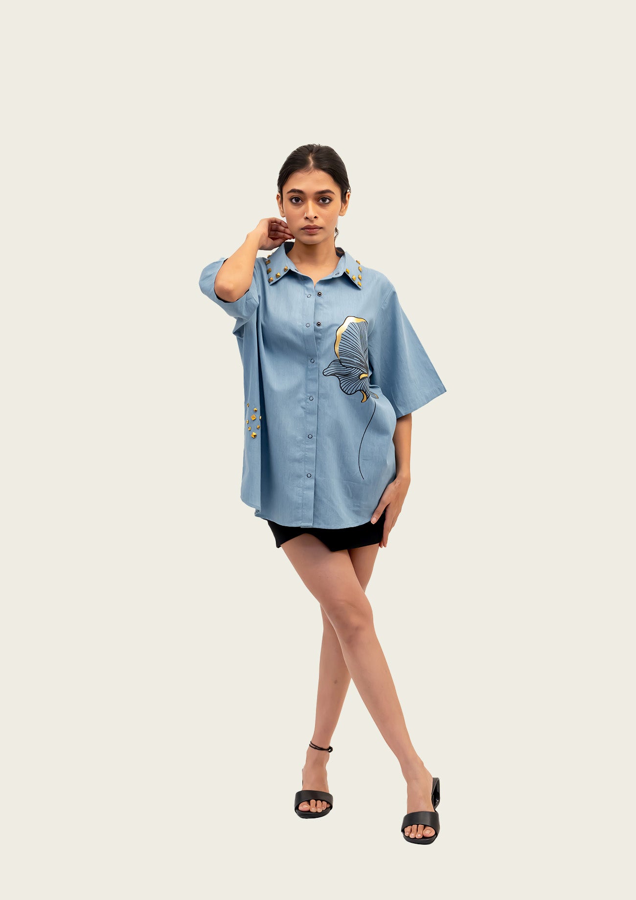 Blue Cotton Denim Shirt with Foil Print and Studs