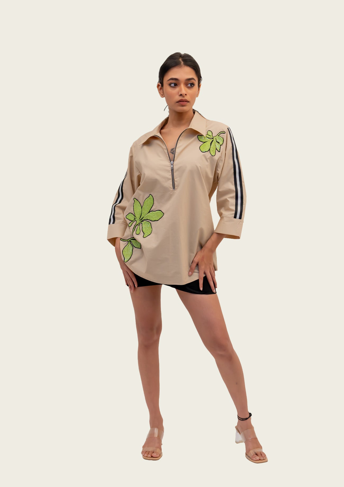 Beige Cotton Shirt with Embroidery