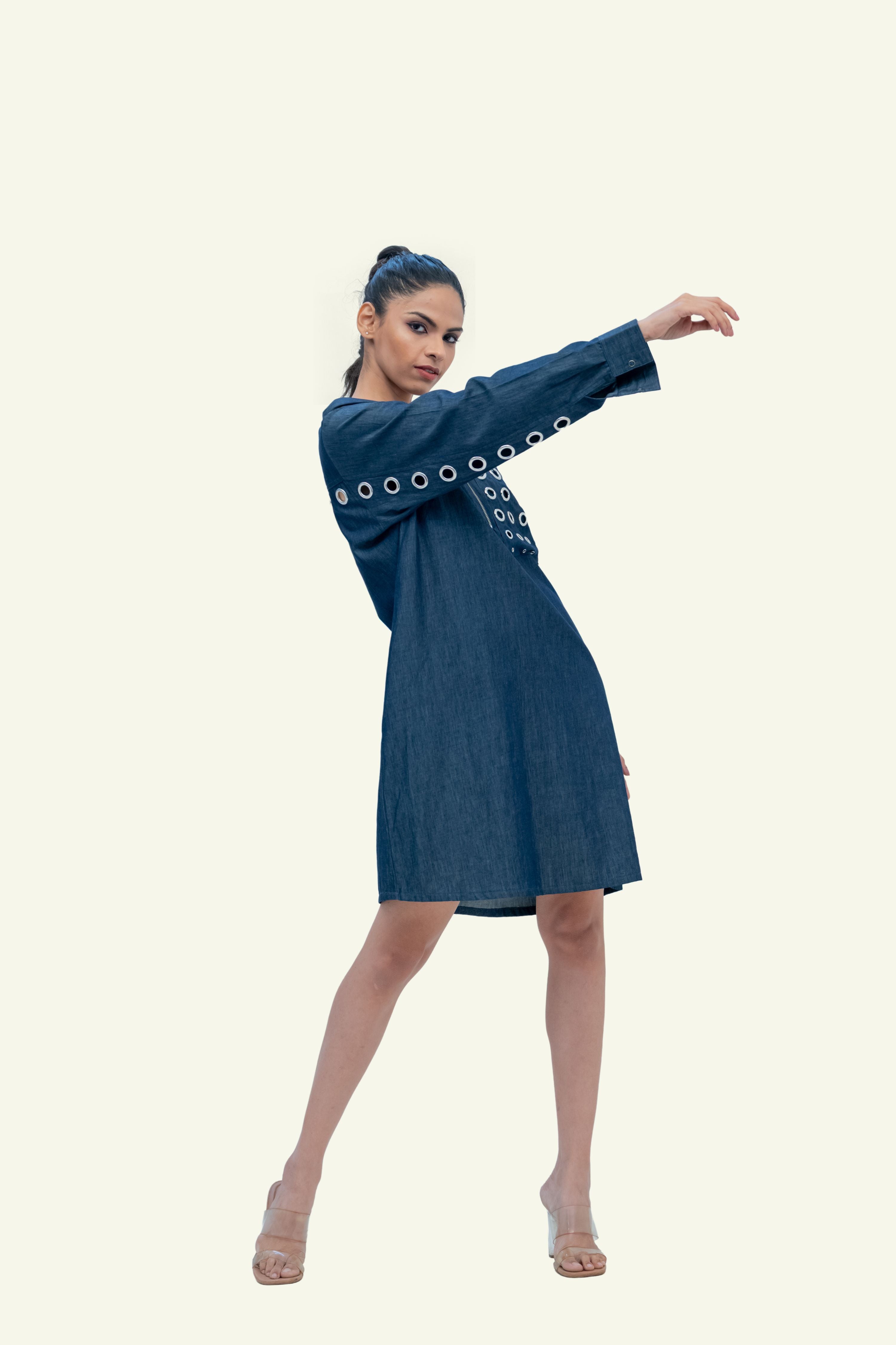 Blue Denim Cotton Dress with Eyelets