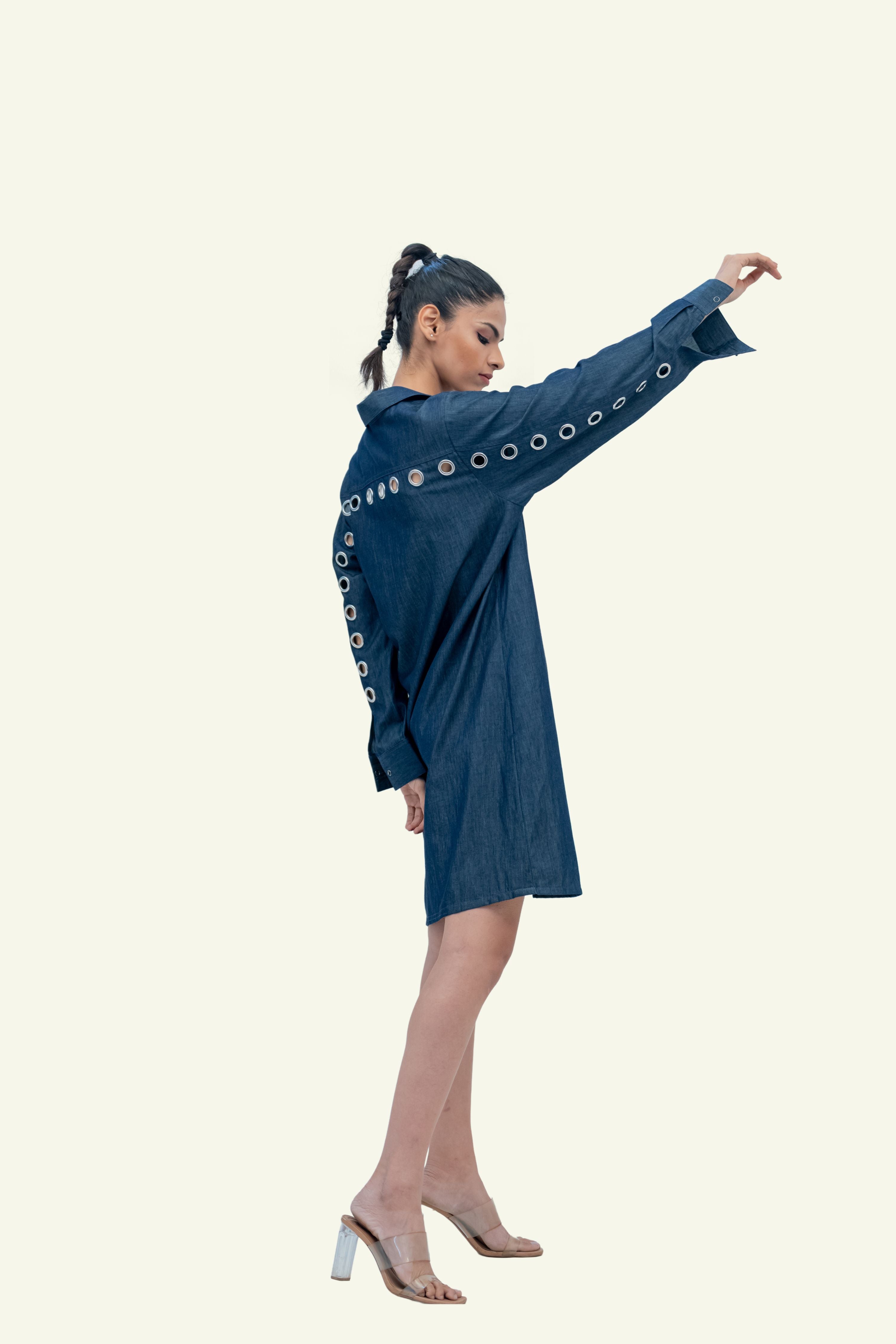 Blue Denim Cotton Dress with Eyelets