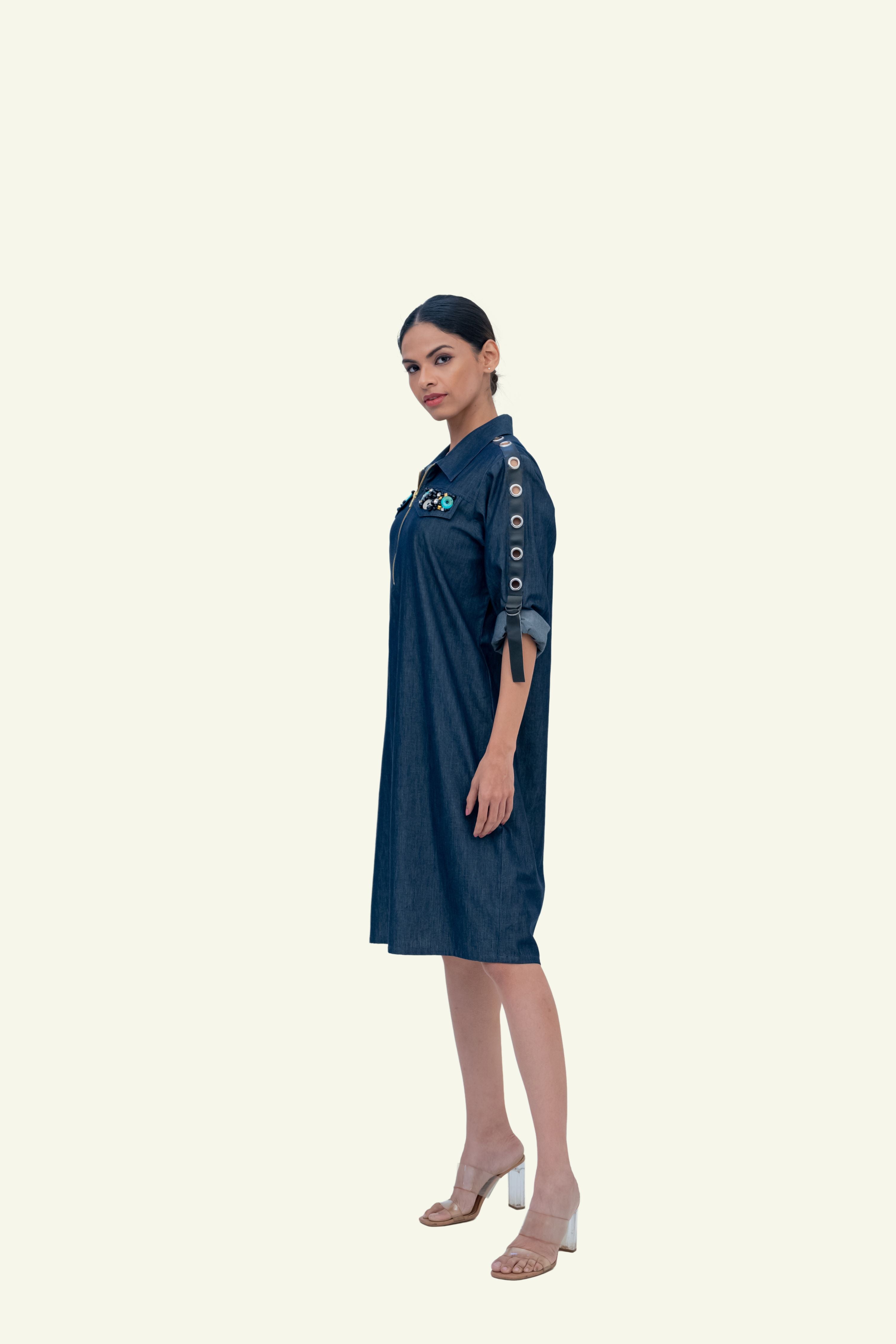 Denim Cotton Dress with Embroidery on Pockets