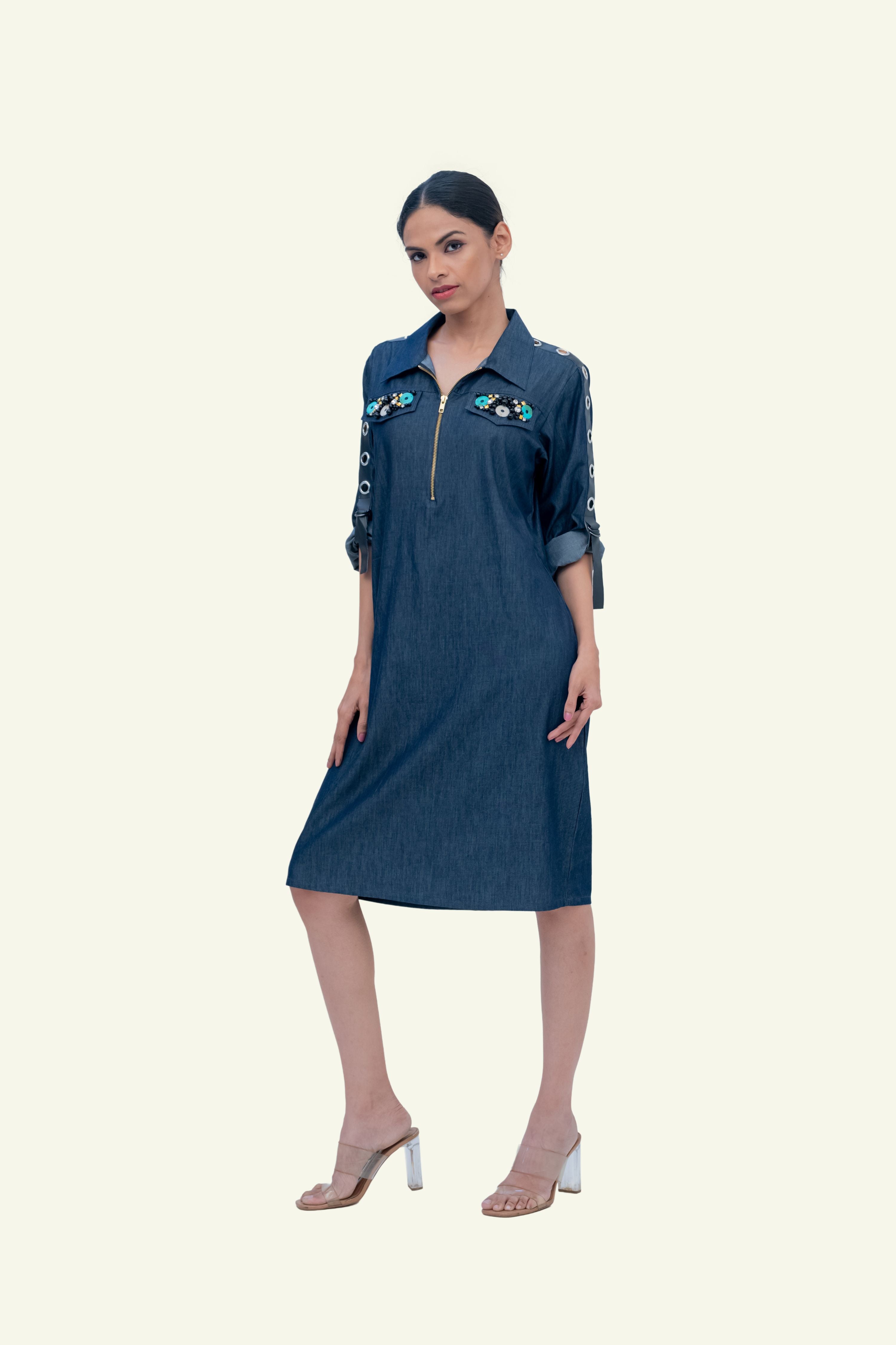 Denim Cotton Dress with Embroidery on Pockets