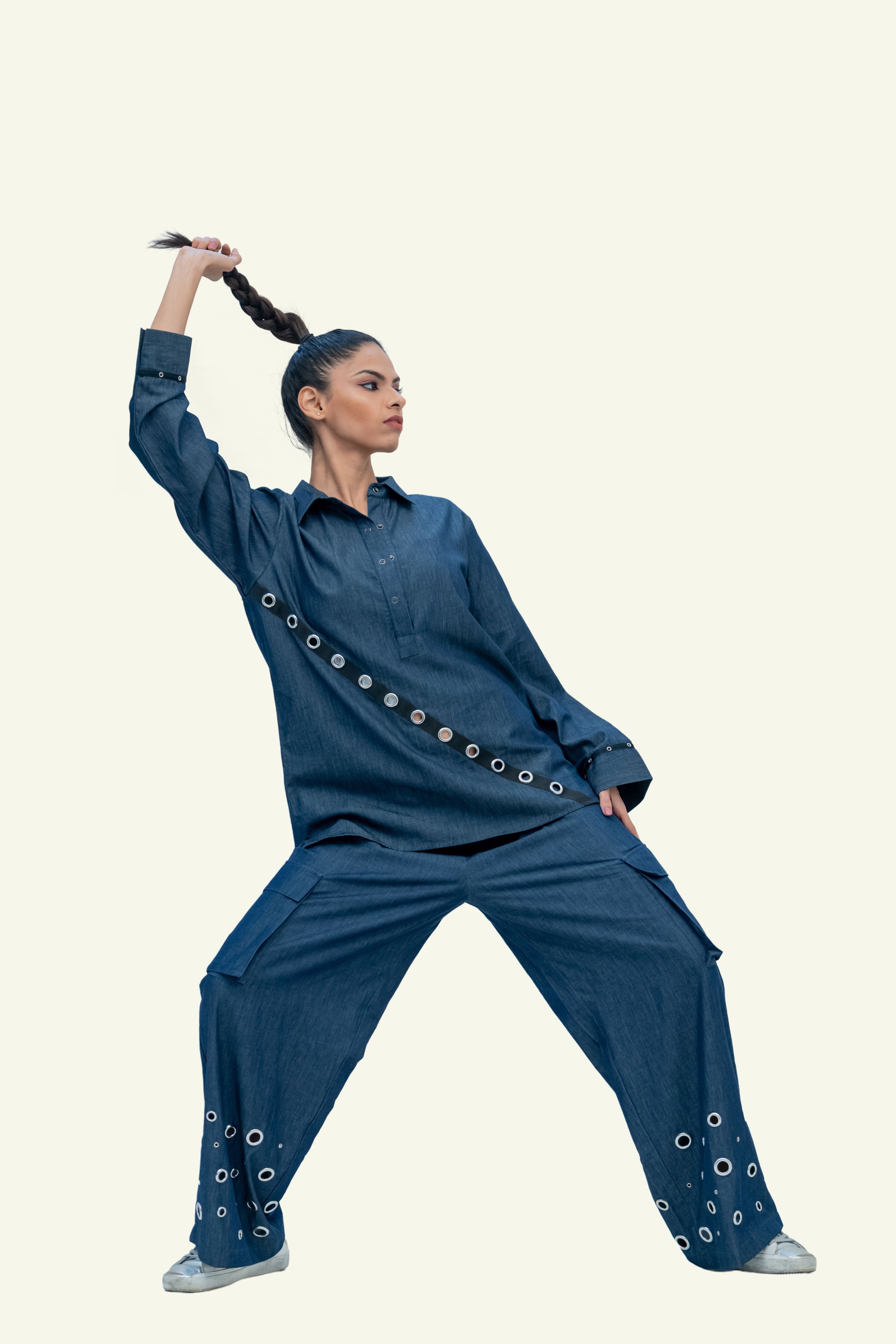 Blue Denim Cotton Oversized Shirt with Embroidery