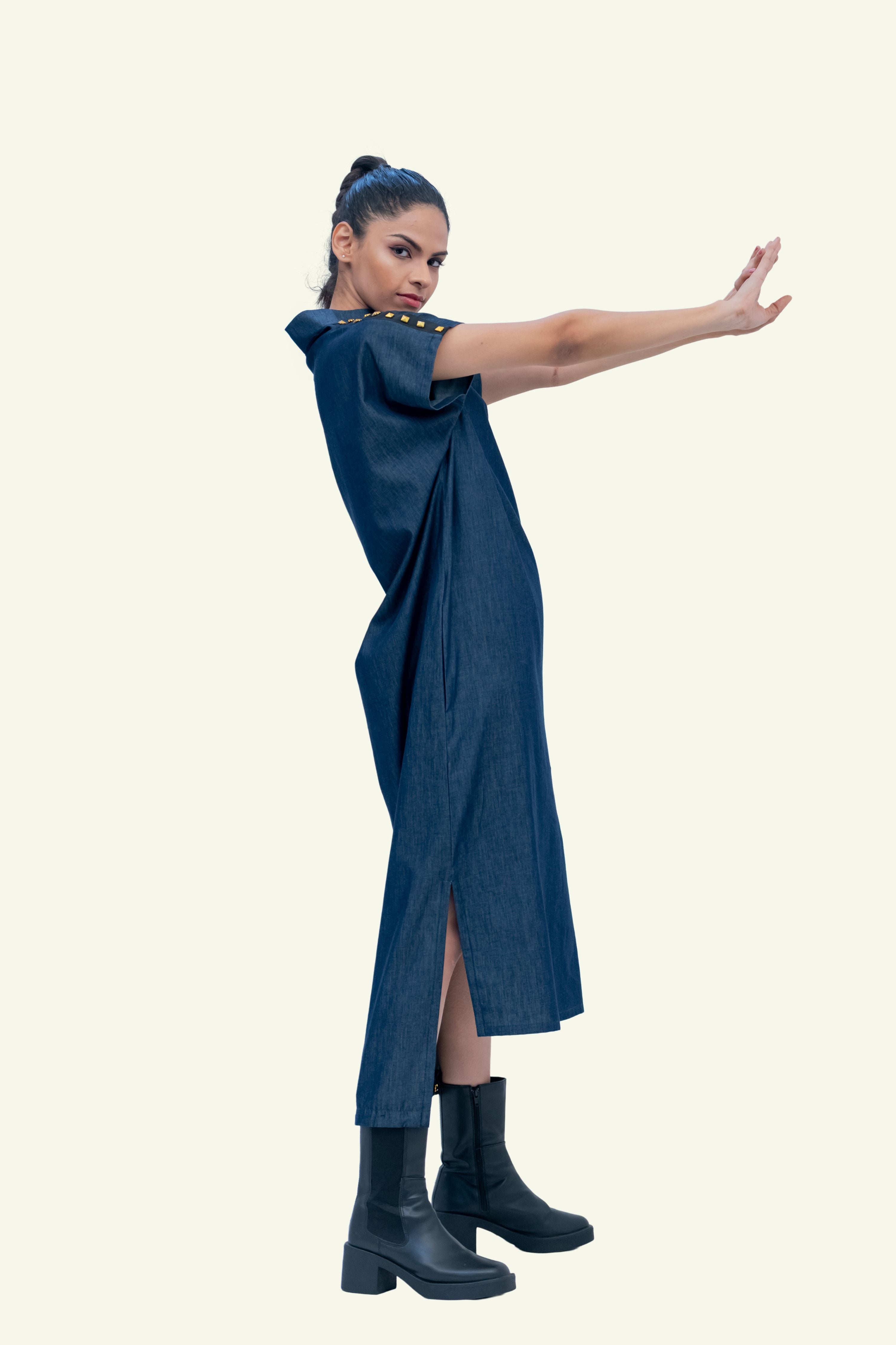 Denim Cotton Midi Dress with Stud Work