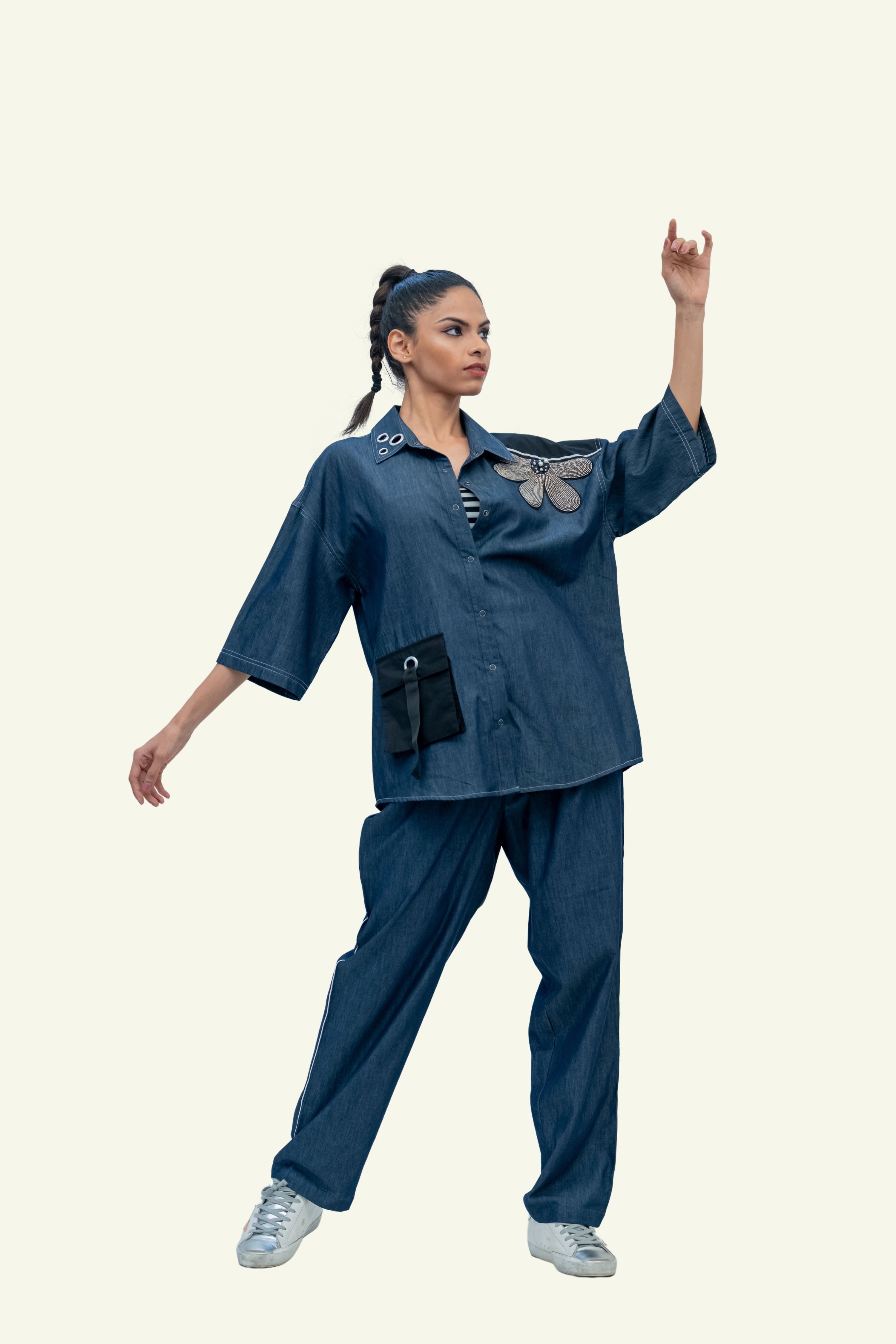 Blue Denim Cotton Oversized Shirt with Embroidery
