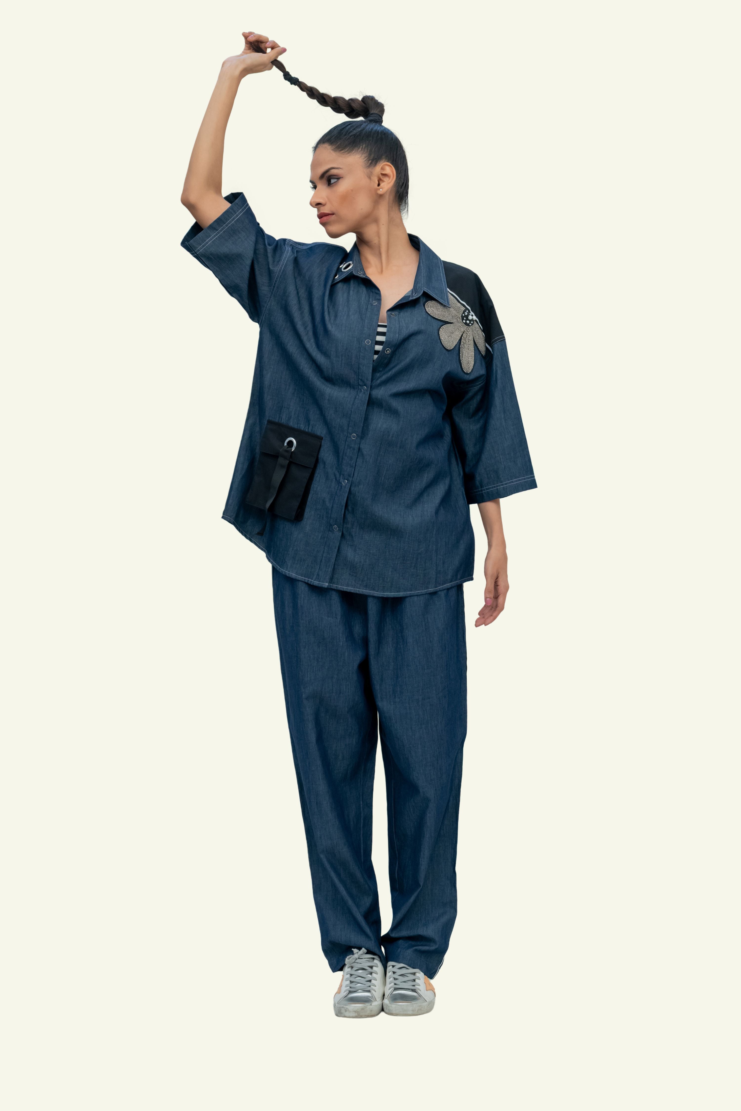 Blue Denim Cotton Oversized Shirt with Embroidery