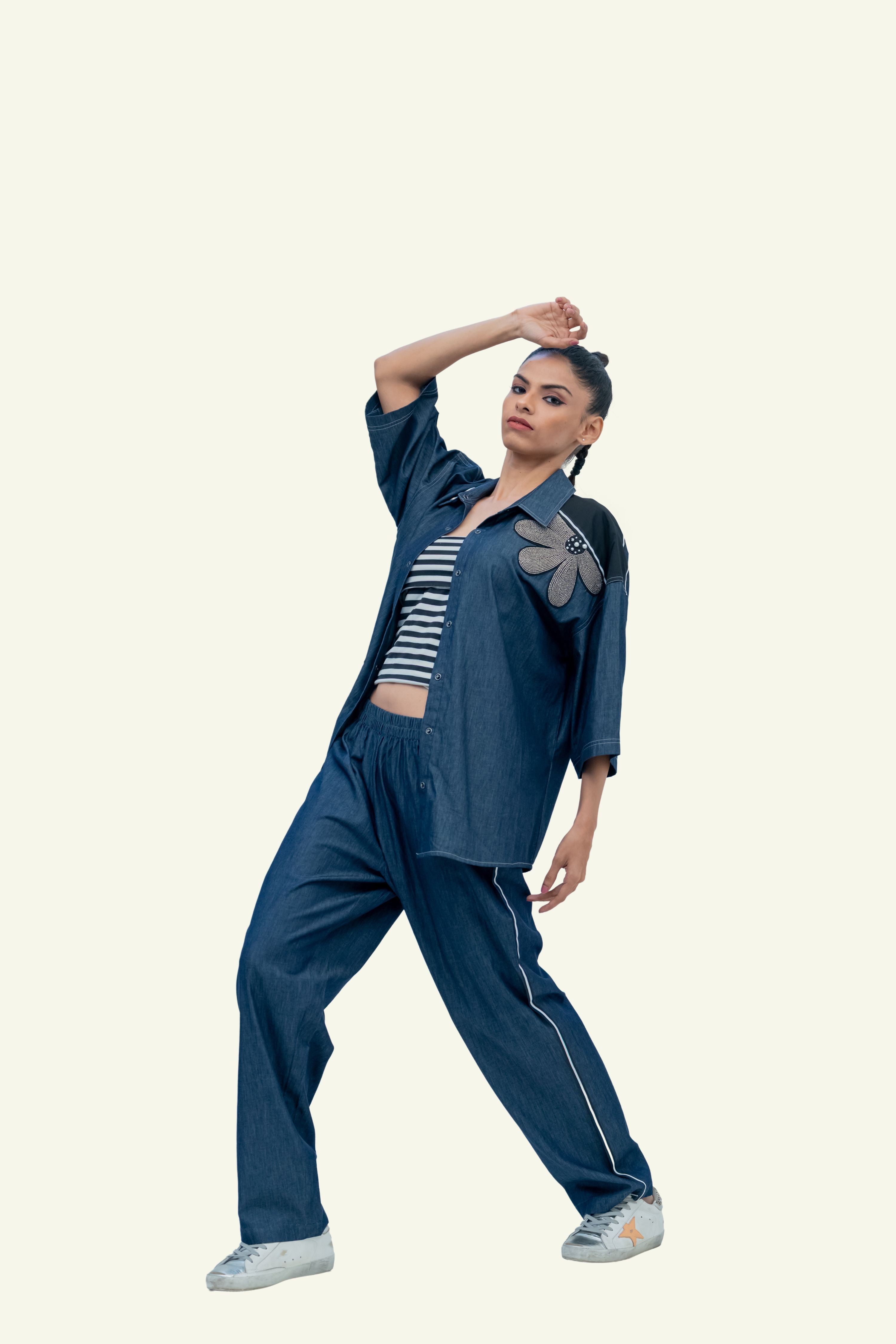 Blue Denim Cotton Oversized Shirt with Embroidery