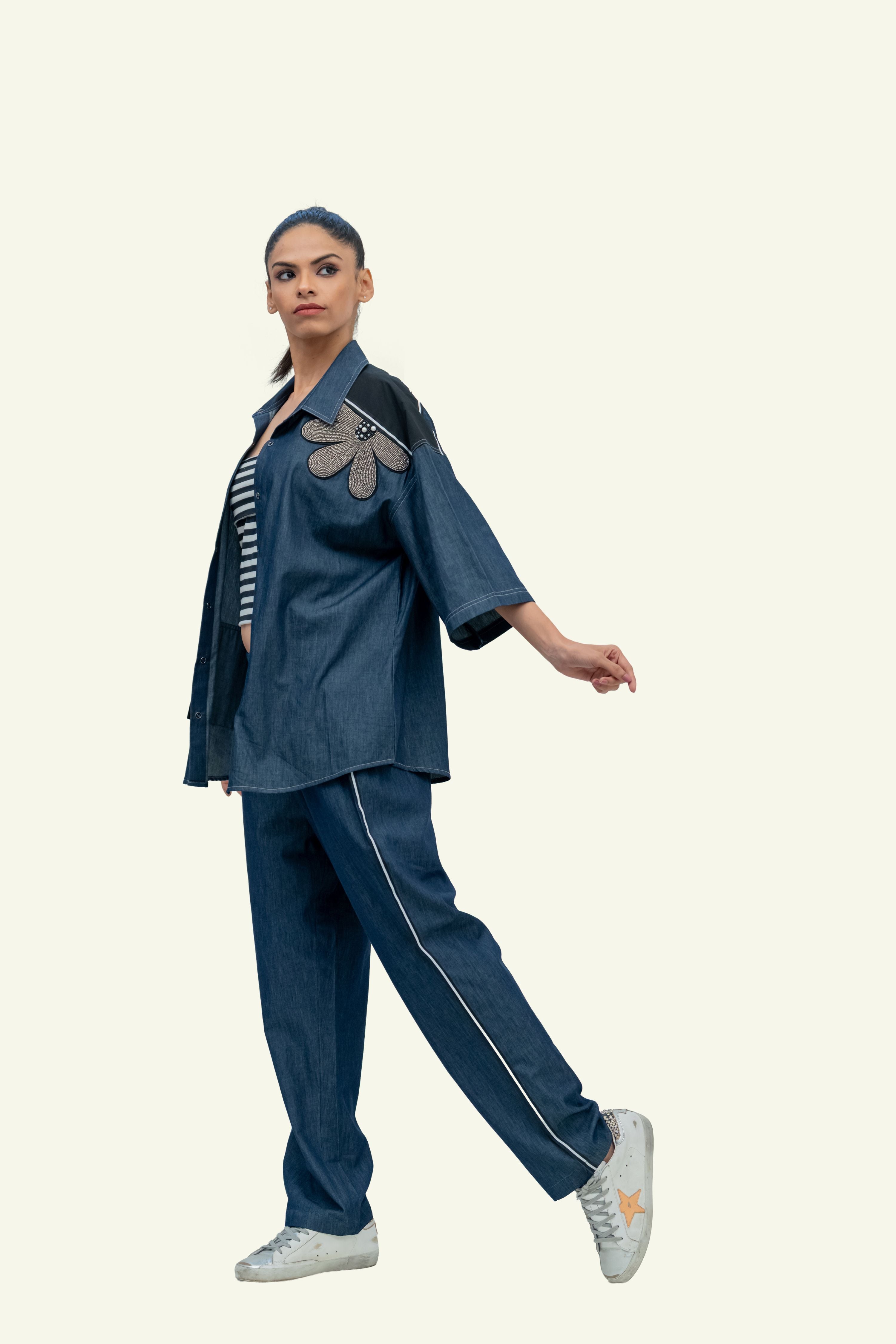 Blue Denim Cotton Oversized Shirt with Embroidery