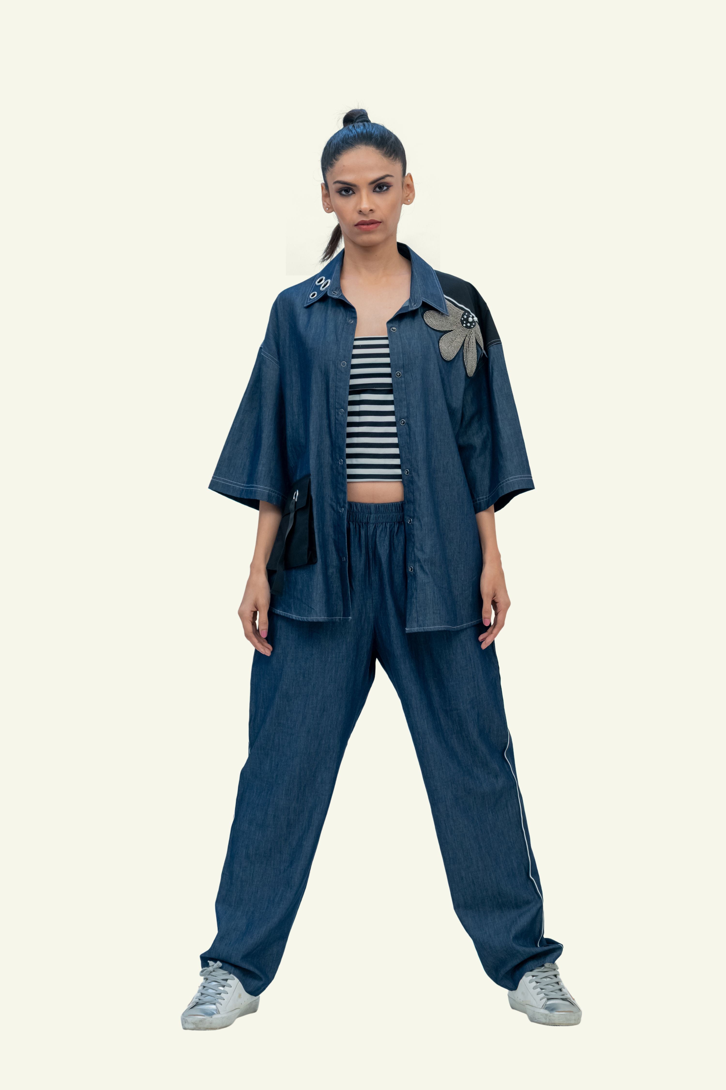 Blue Denim Cotton Oversized Shirt with Embroidery