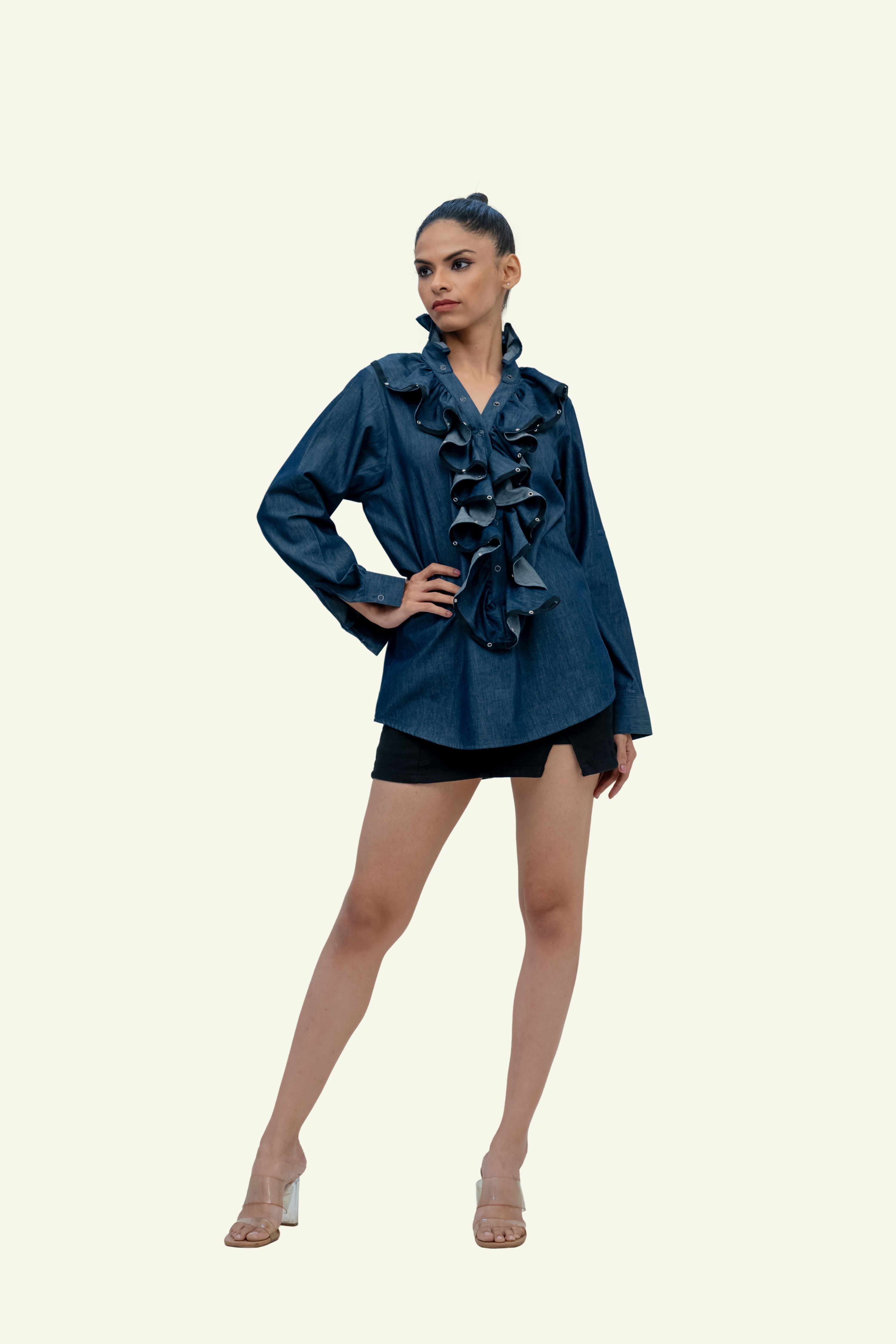 Blue Denim Cotton Shirt with Ruffles