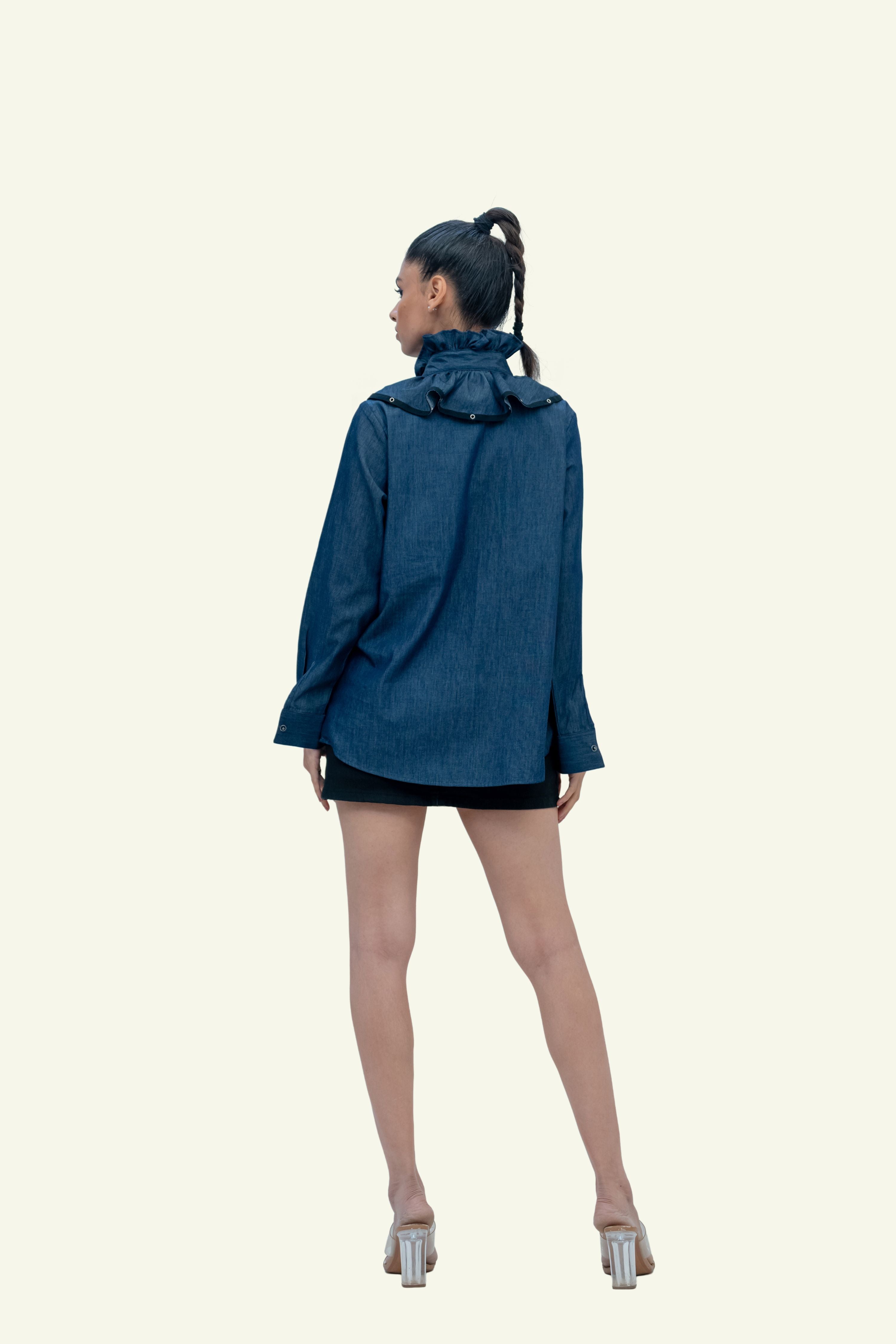Blue Denim Cotton Shirt with Ruffles