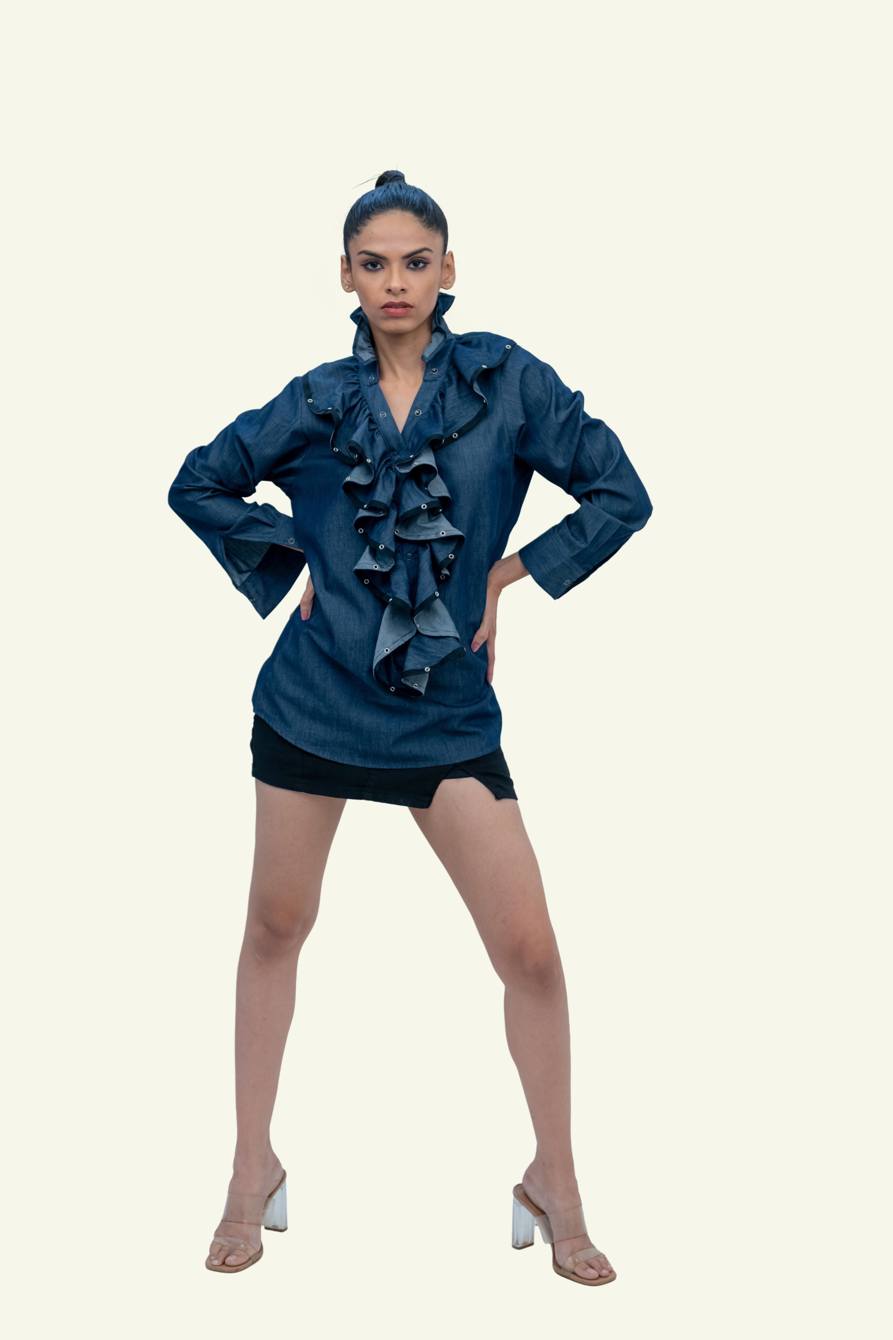 Blue Denim Cotton Shirt with Ruffles