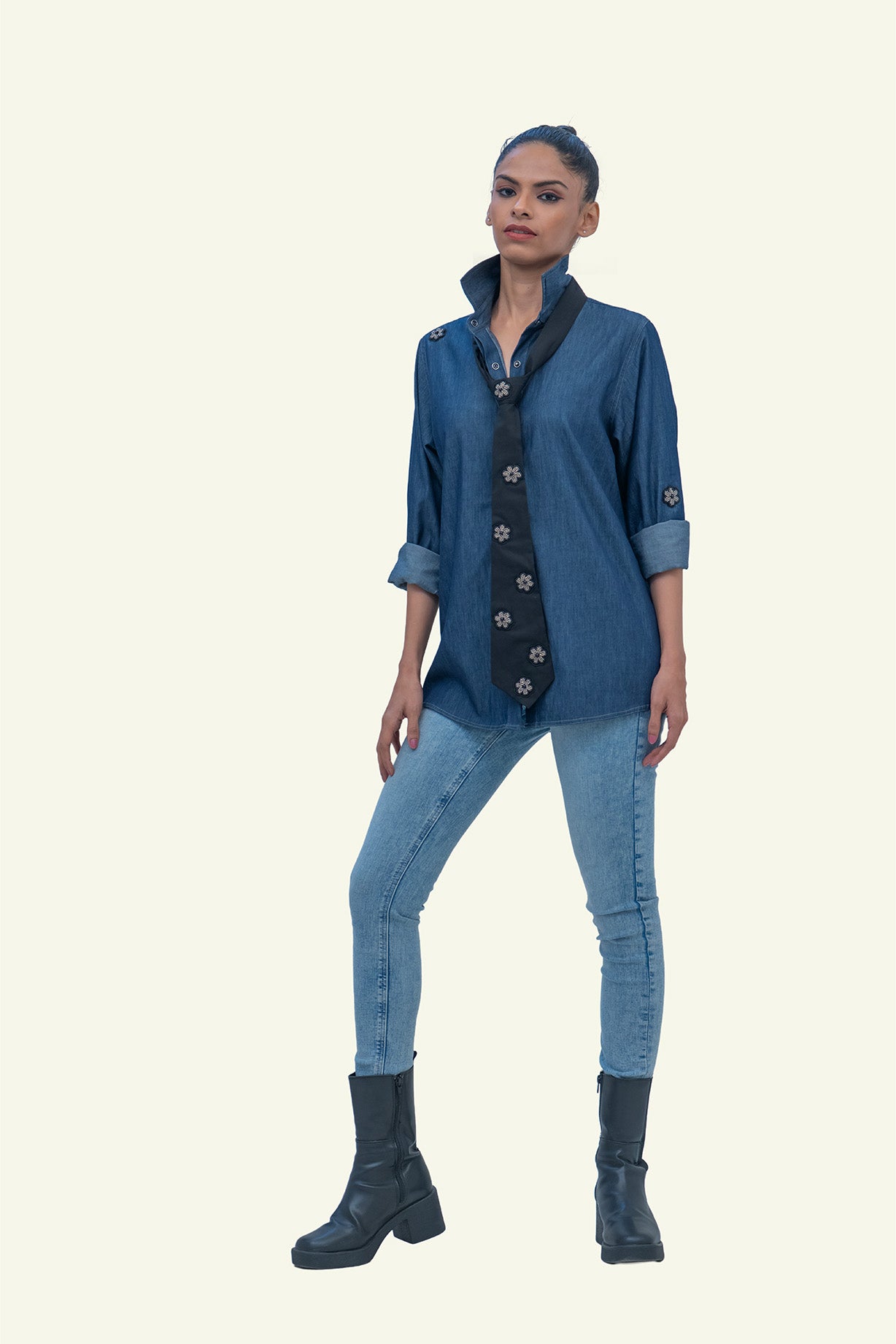 Denim Cotton Shirt with Black Cotton Tie