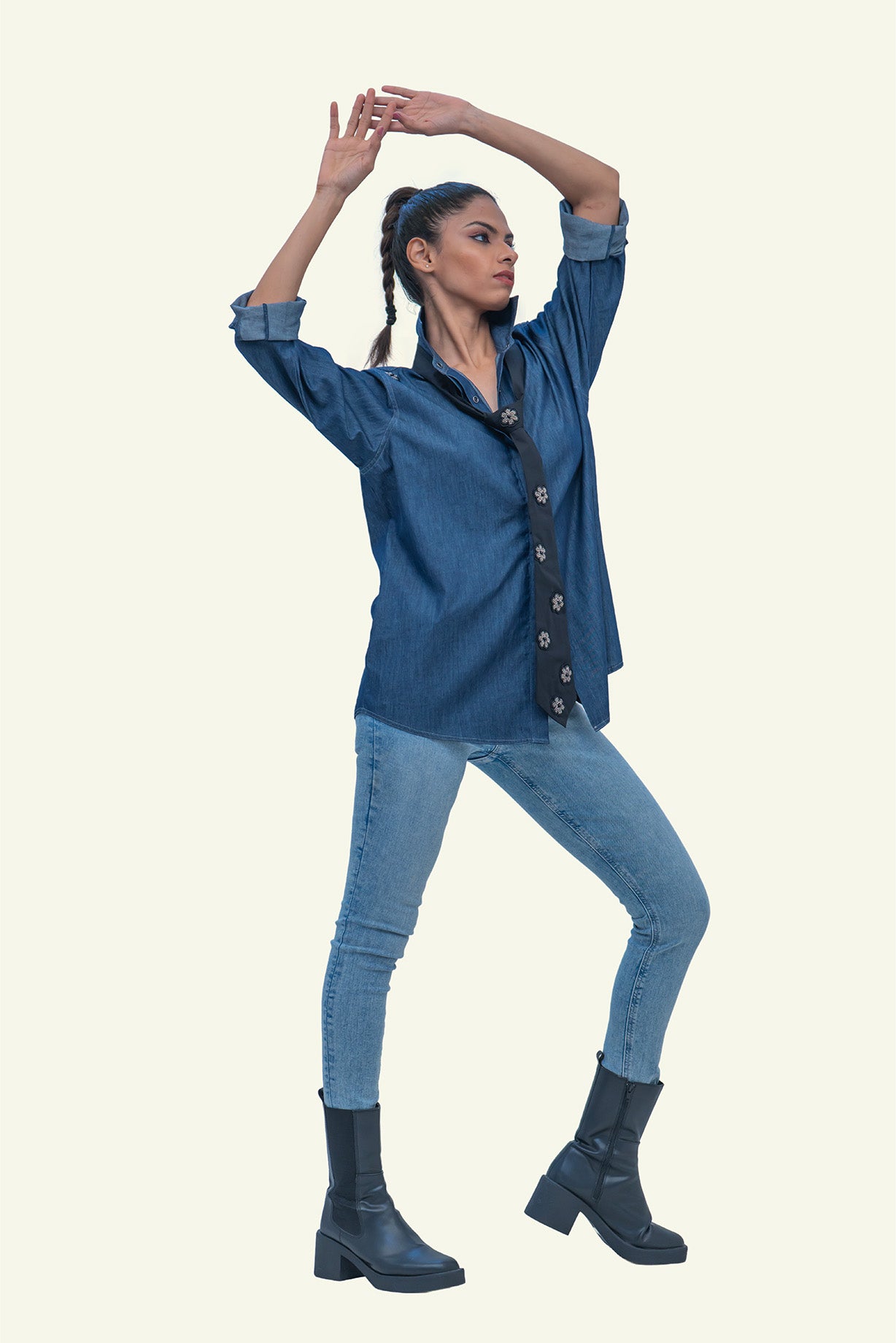 Denim Cotton Shirt with Black Cotton Tie