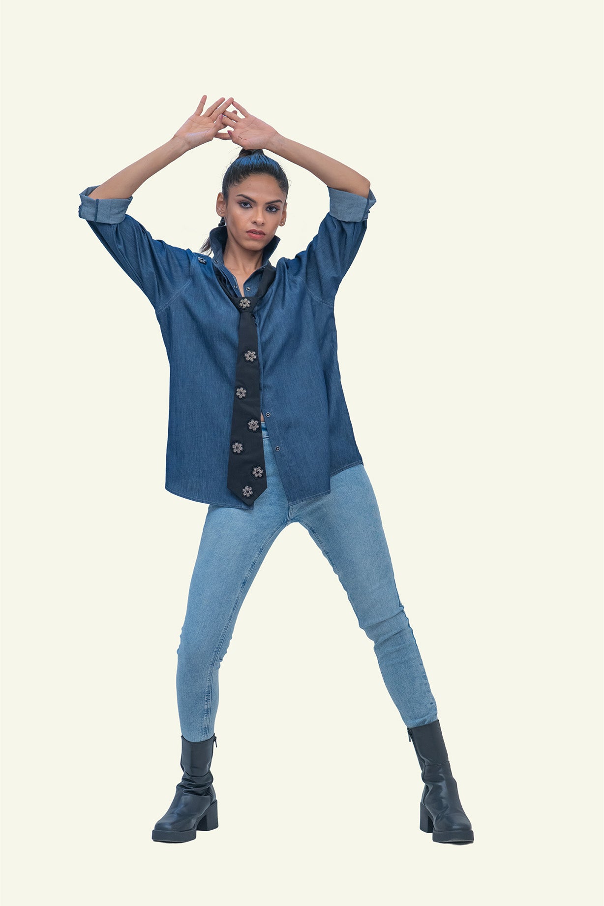 Denim Cotton Shirt with Black Cotton Tie