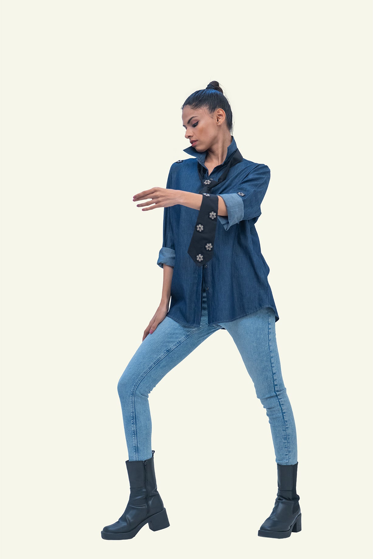 Denim Cotton Shirt with Black Cotton Tie