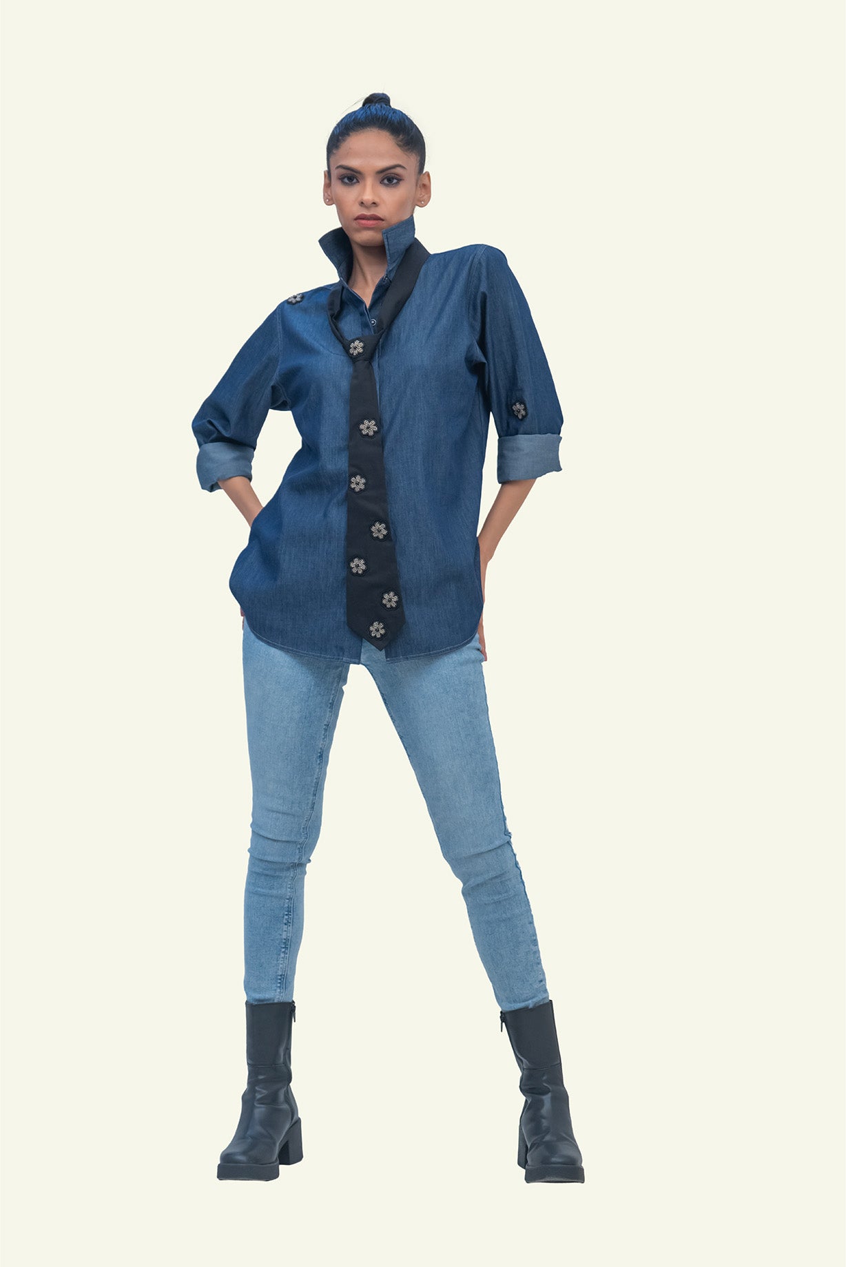 Denim Cotton Shirt with Black Cotton Tie